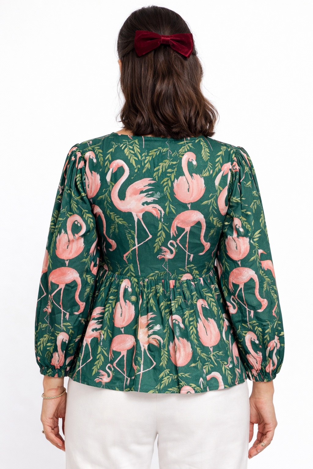 Emerald Flamingo Print Button-Down Top