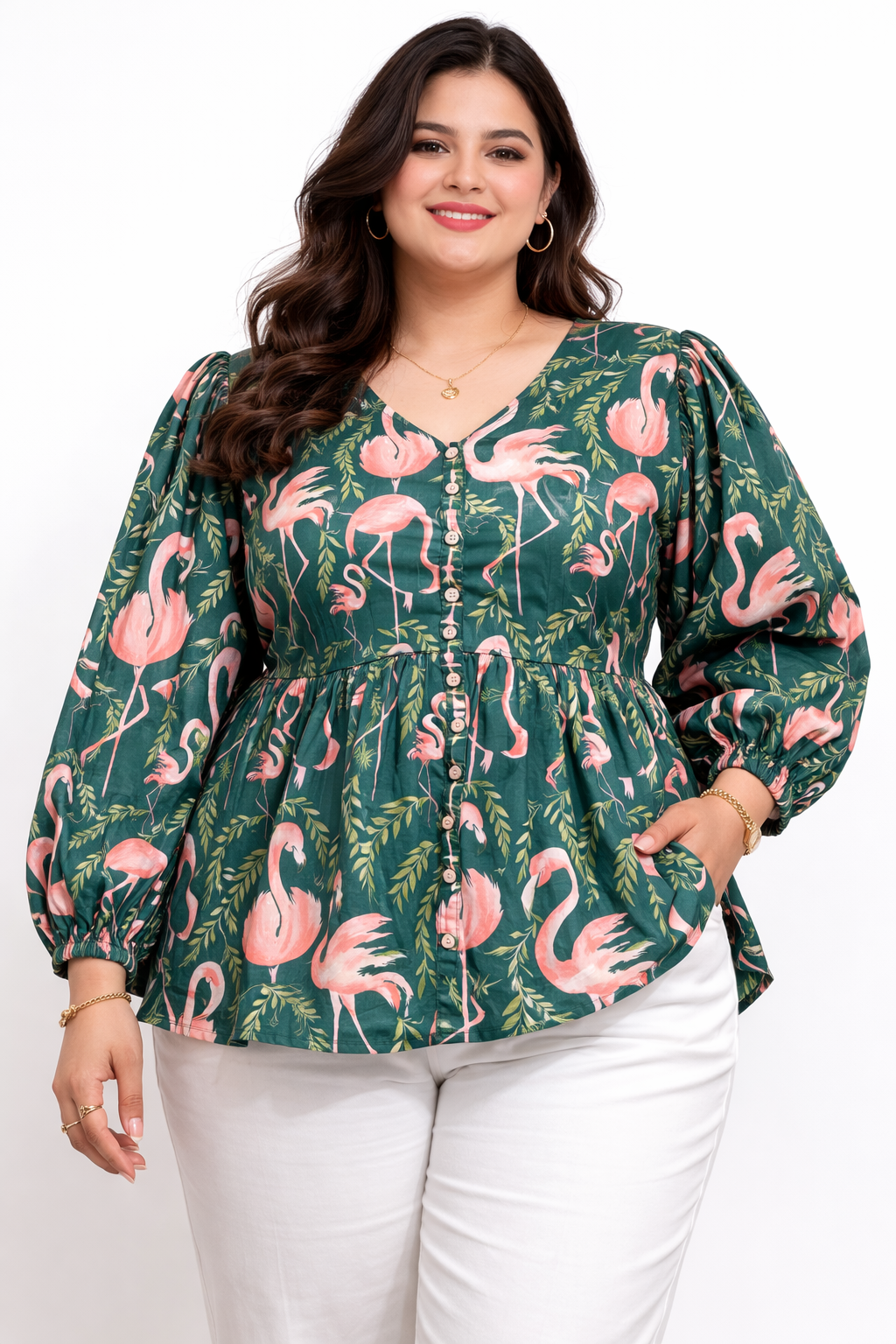 Emerald Flamingo Print Button-Down Top
