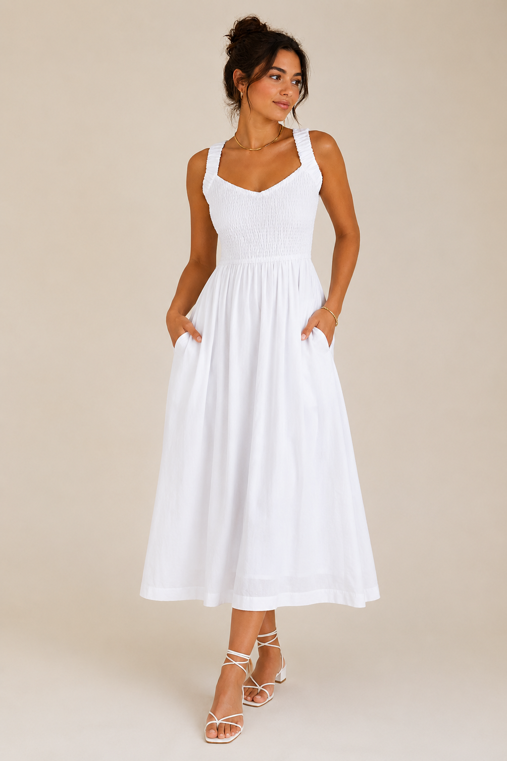 White Smocked Cotton Midi Dress with Pockets