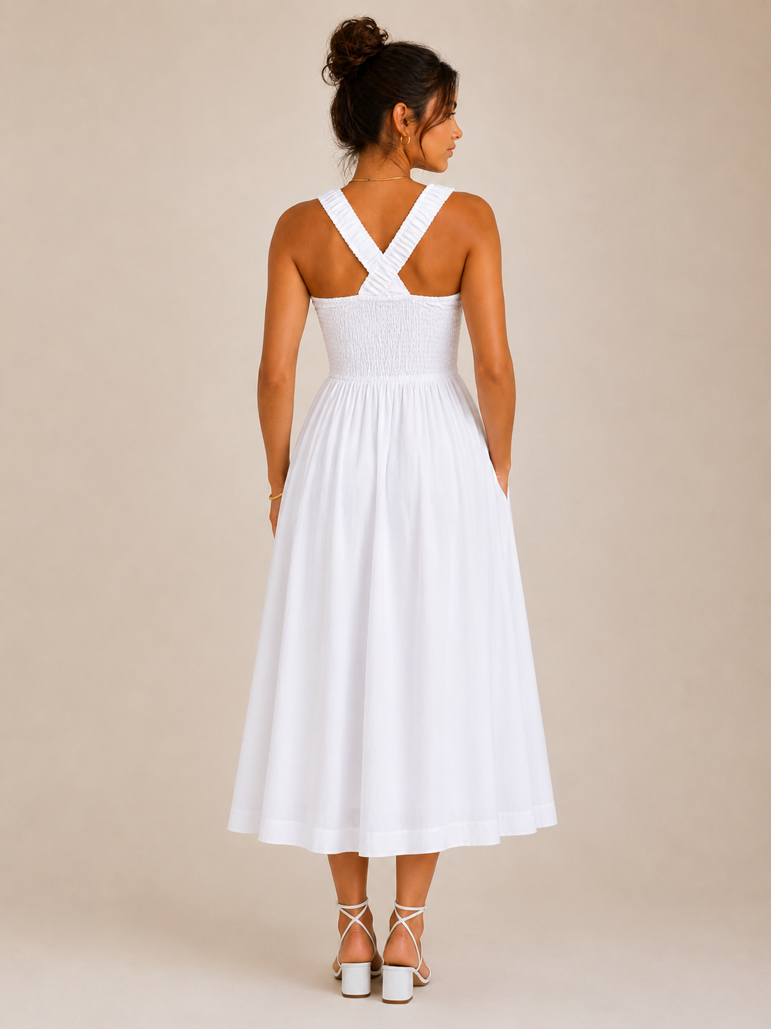 White Smocked Cotton Midi Dress with Pockets
