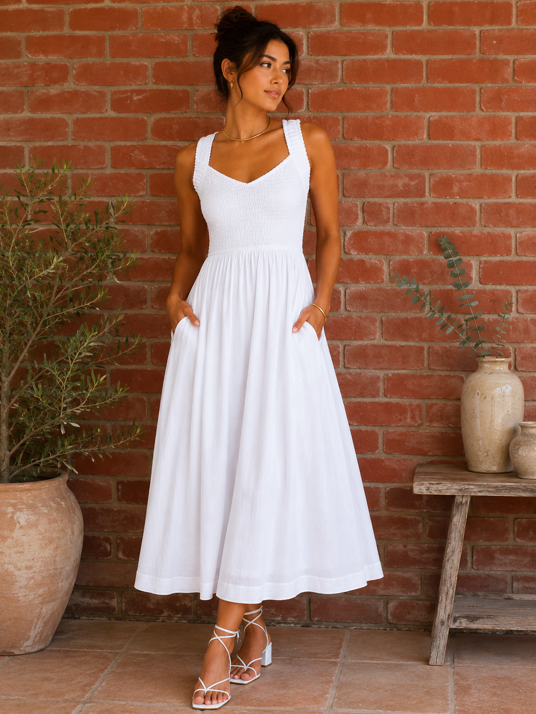 White Smocked Cotton Midi Dress with Pockets