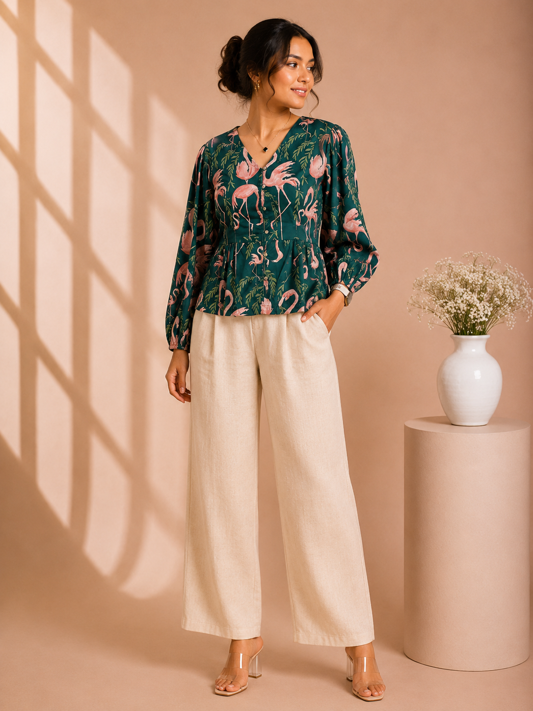 Emerald Flamingo Print Button-Down Top