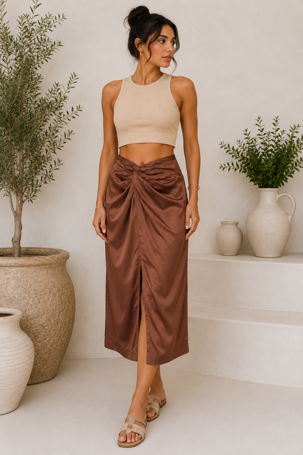 Brown Front Knot Midi Skirt