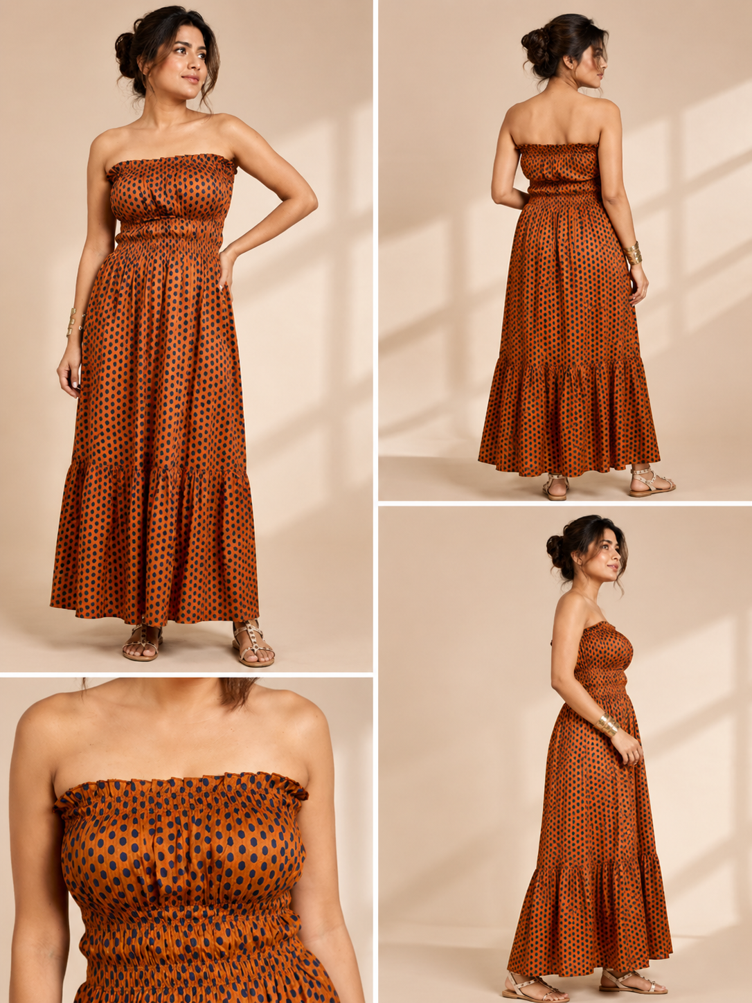 Rust Polka Cotton Tiered Tube Maxi Dress
