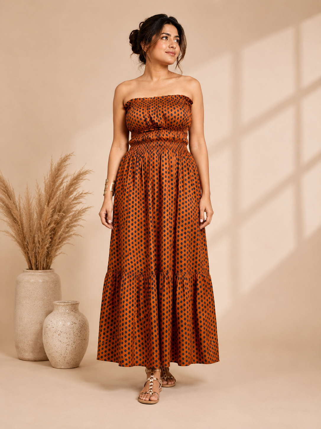 Rust Polka Cotton Tiered Tube Maxi Dress