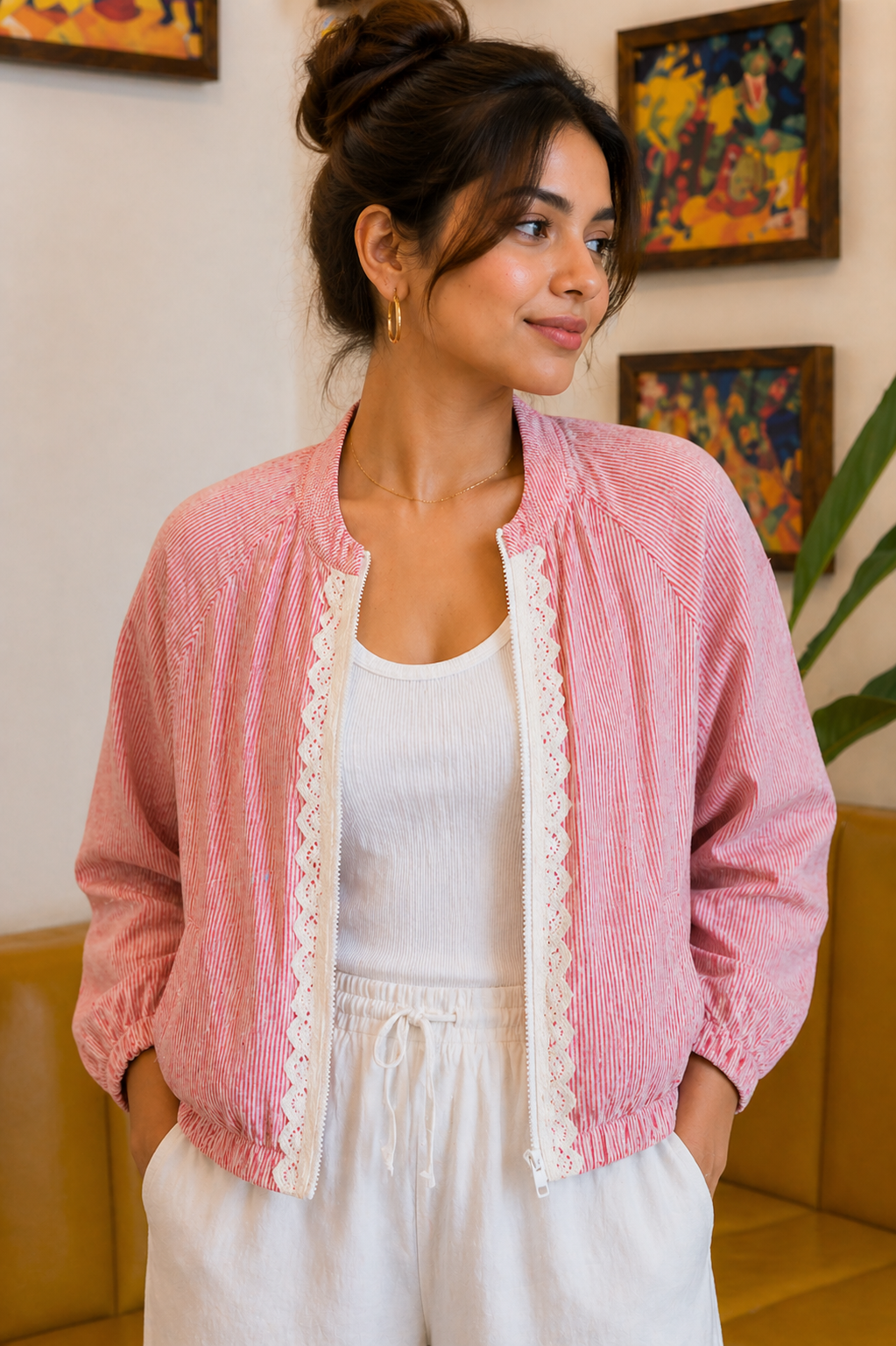 Red Stripe Cotton Bomber Jacket
