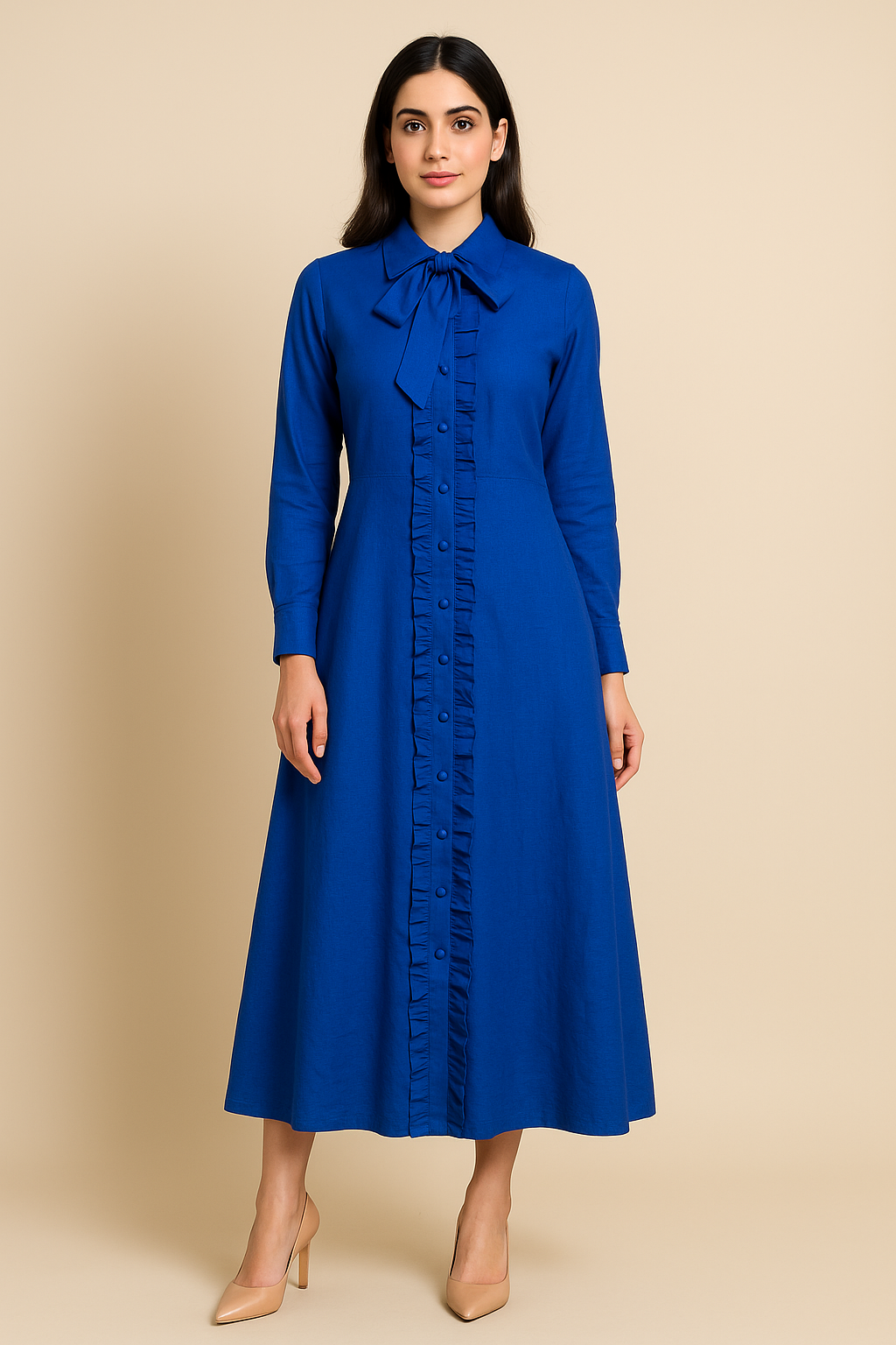 Royal Blue Cotton-Linen A-Line Shirt Dress