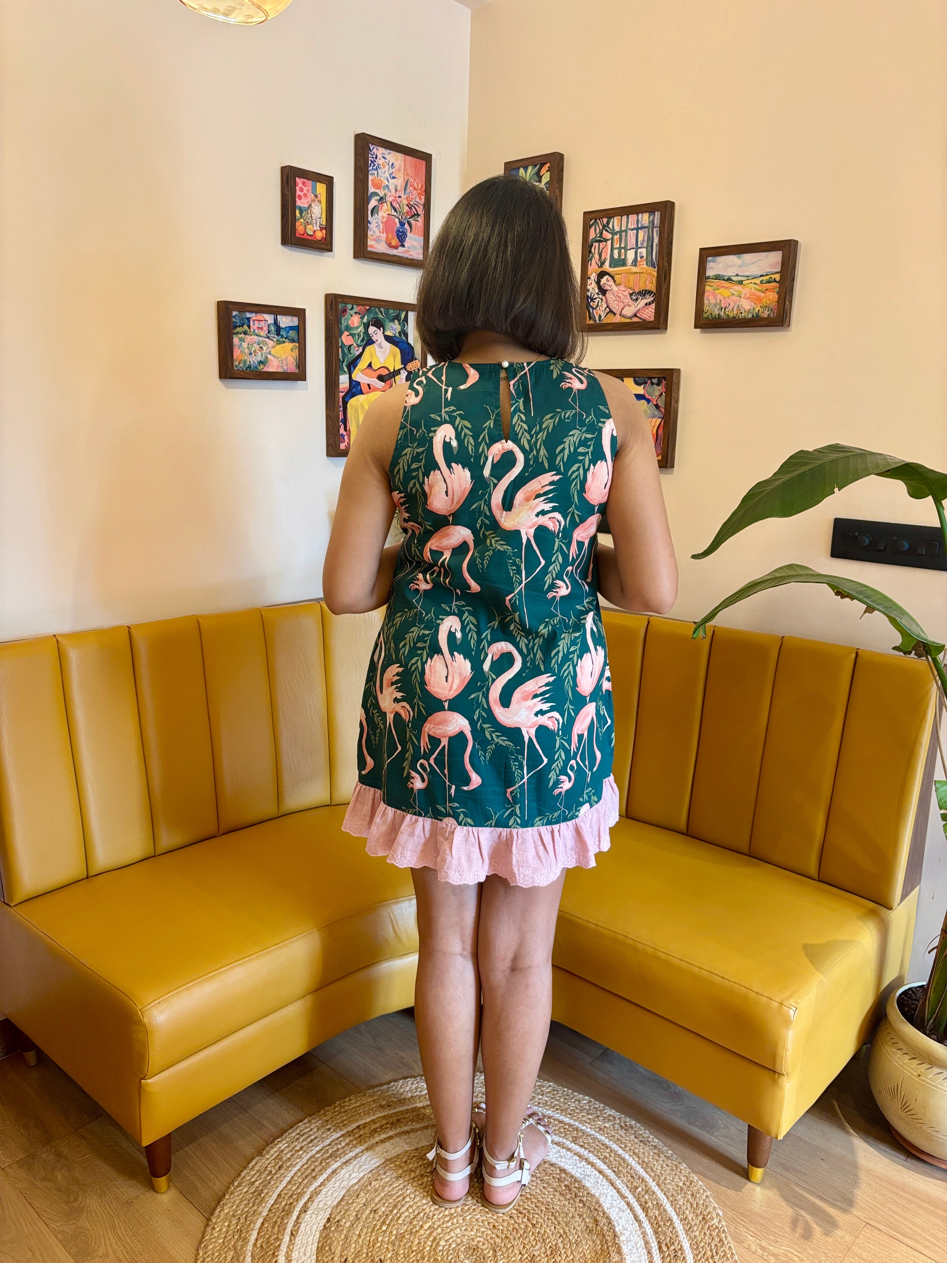Emerald Flamingo Print Mini Dress
