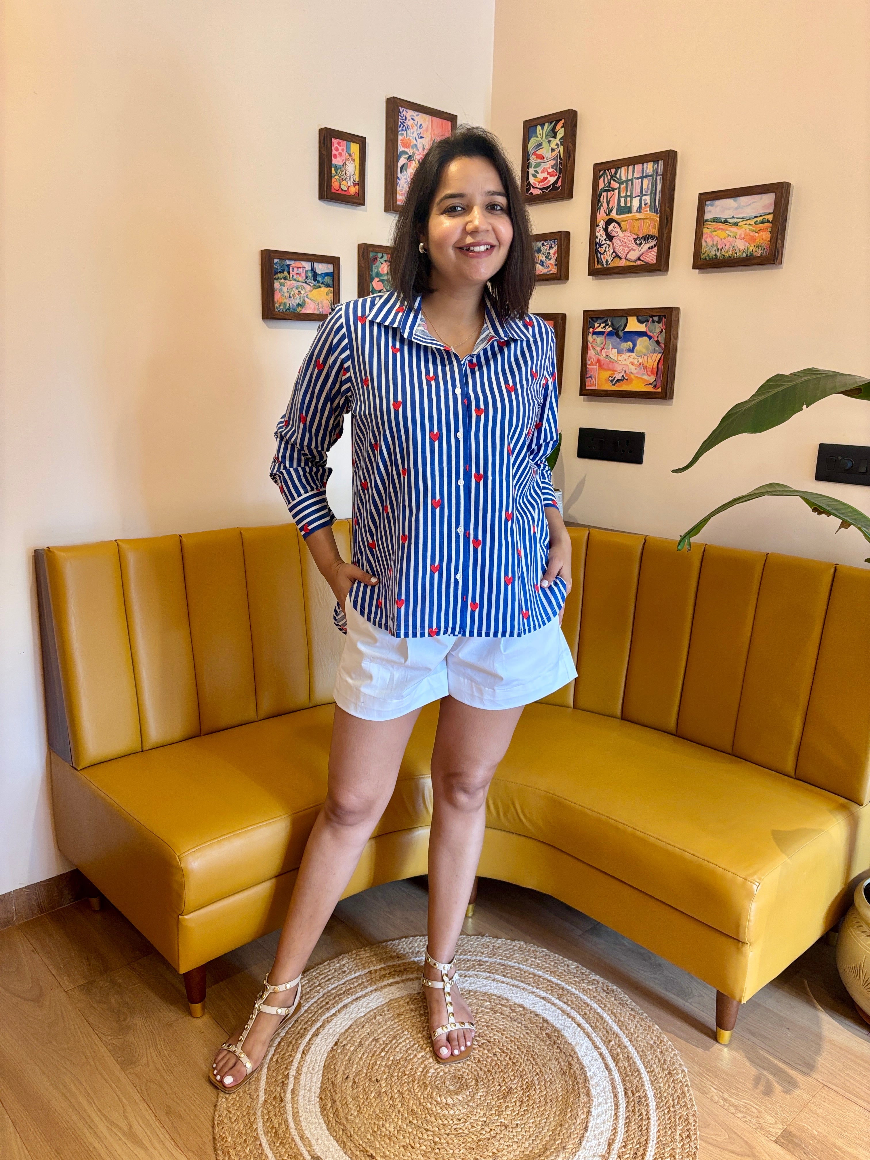 Blue Stripe Heart Print Cotton Shirt for Women