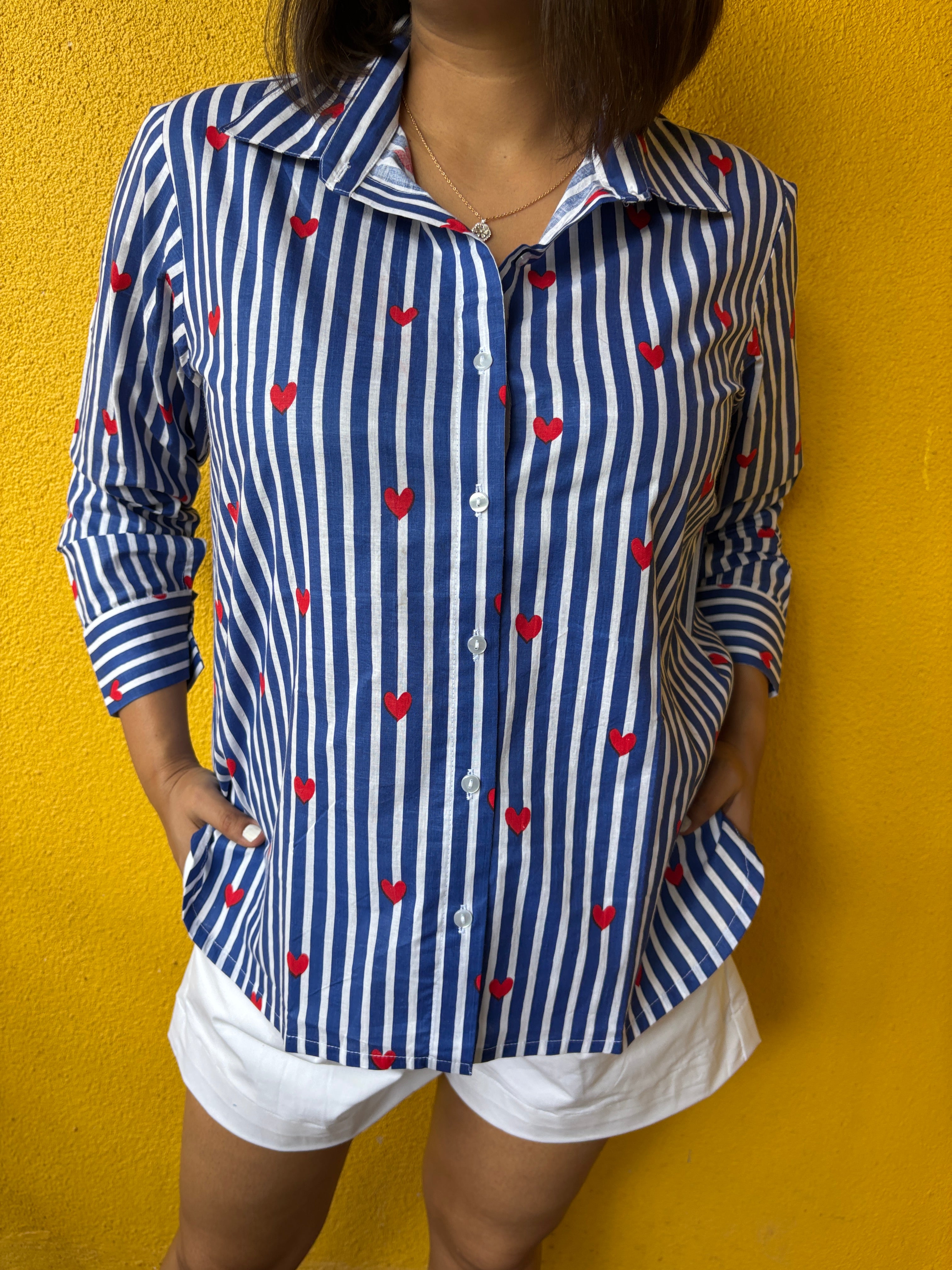 Blue Stripe Heart Print Cotton Shirt for Women