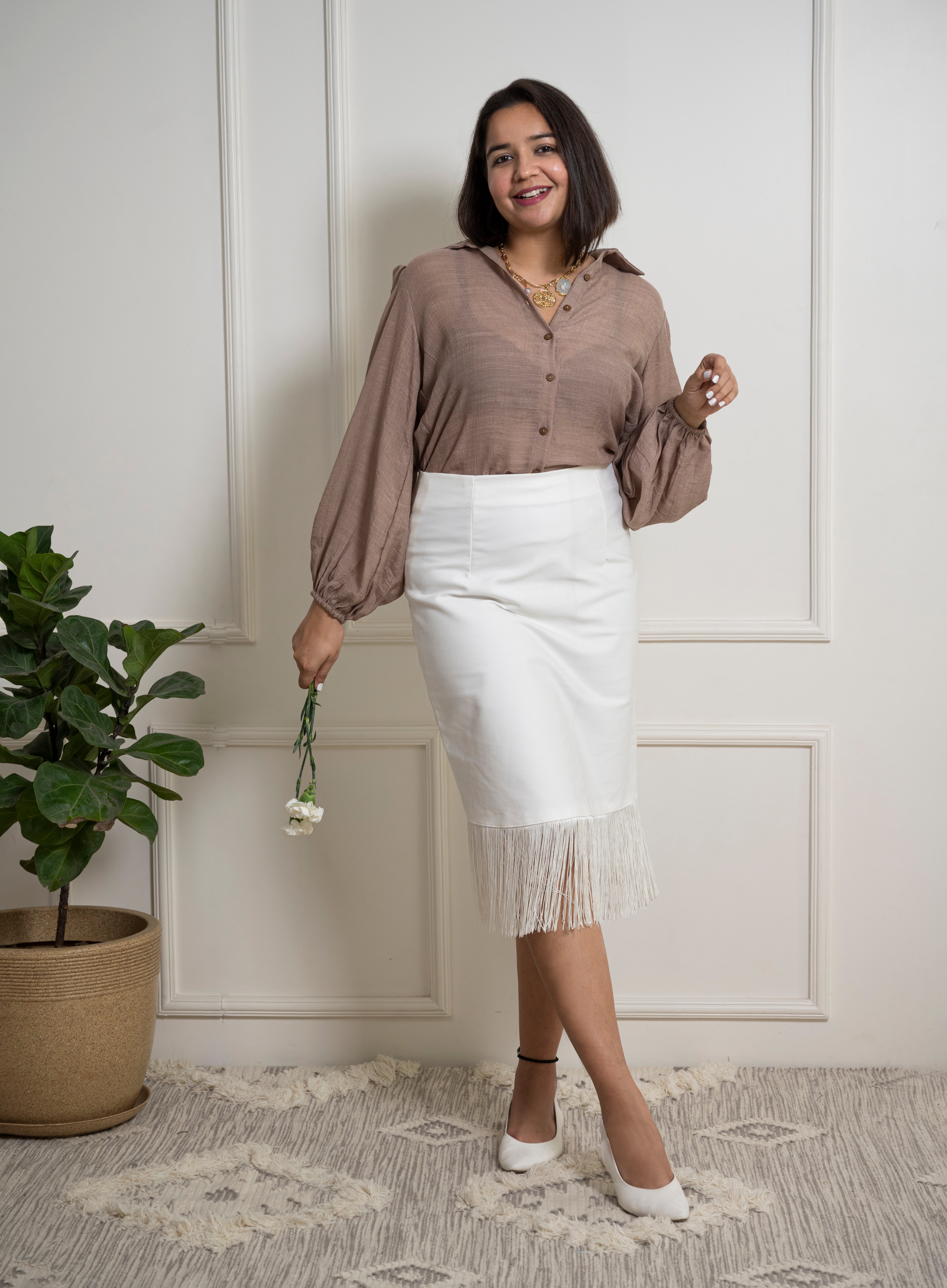Ivory Fringe Hem Pencil Skirt