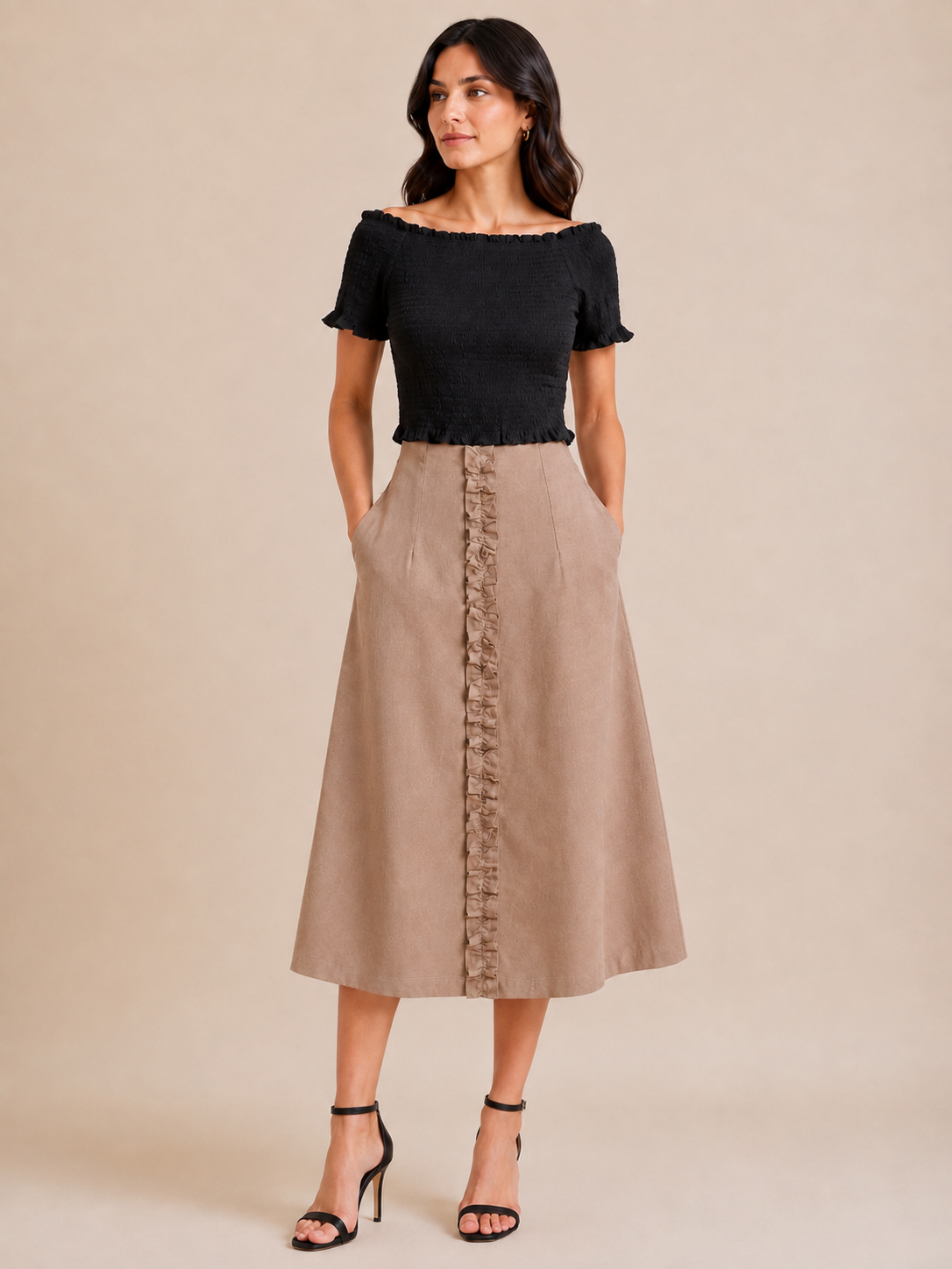 Beige Cotton Midi Skirt with Ruffle Detail