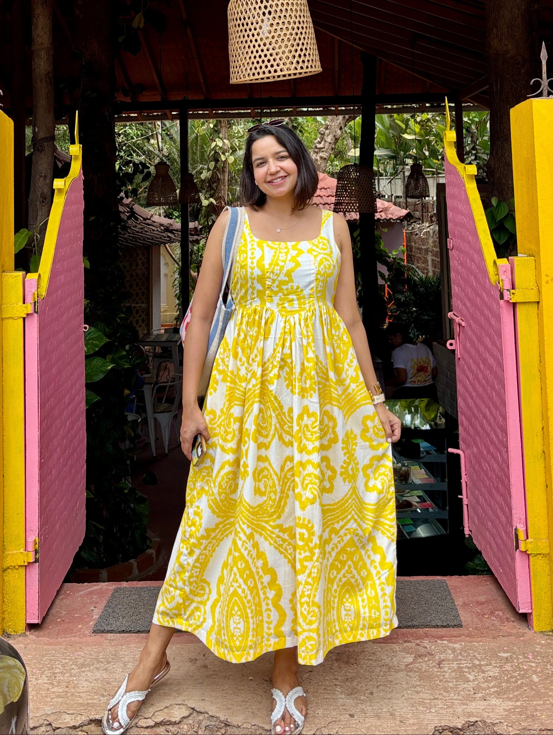 Yellow Printed Cotton Maxi Dress for Women
