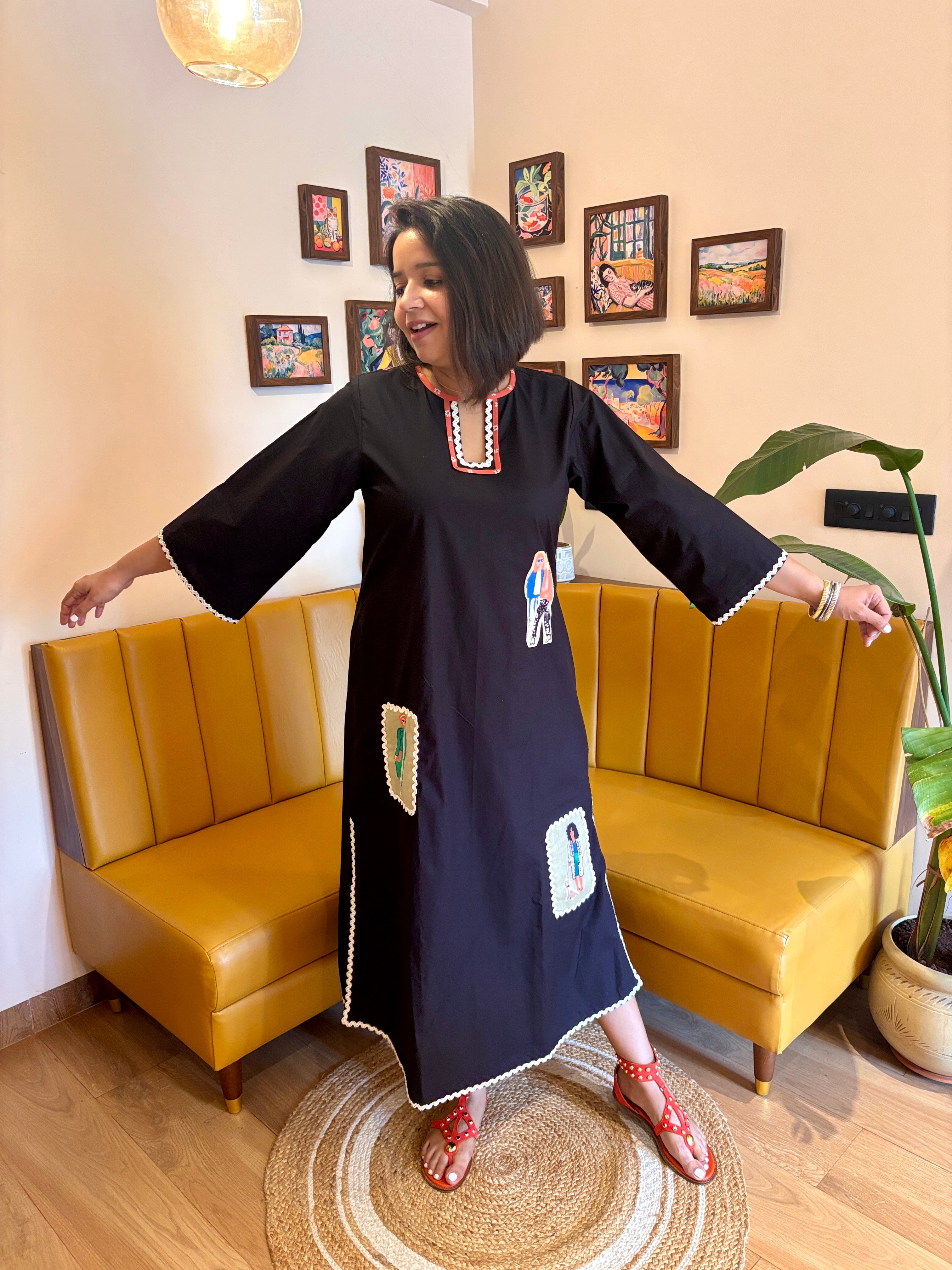 Black Cotton Quirky Applique Maxi Dress