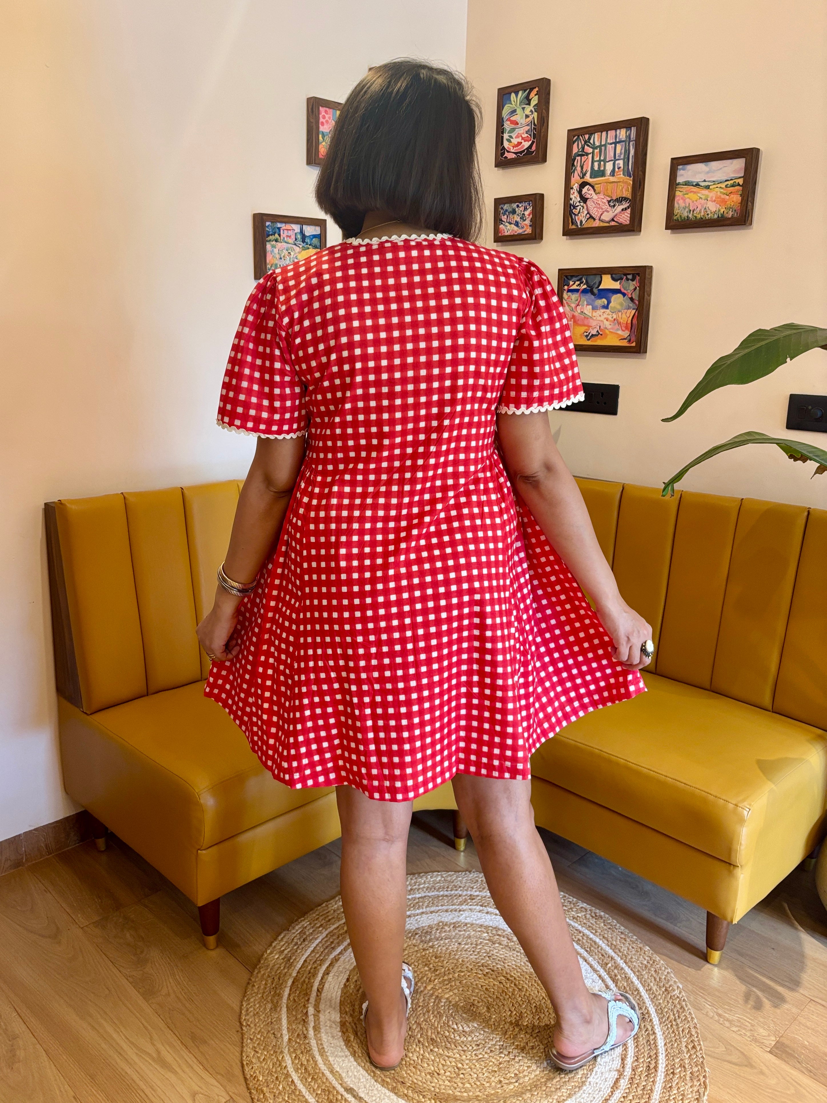 Red Gingham Cotton A Line Dress