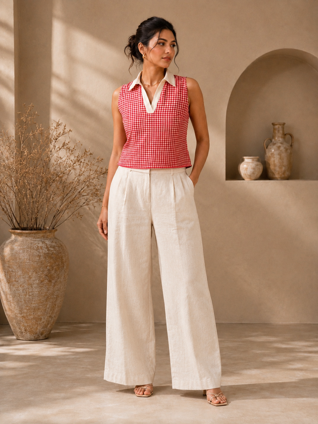 Red Gingham Cotton Sleeveless Top