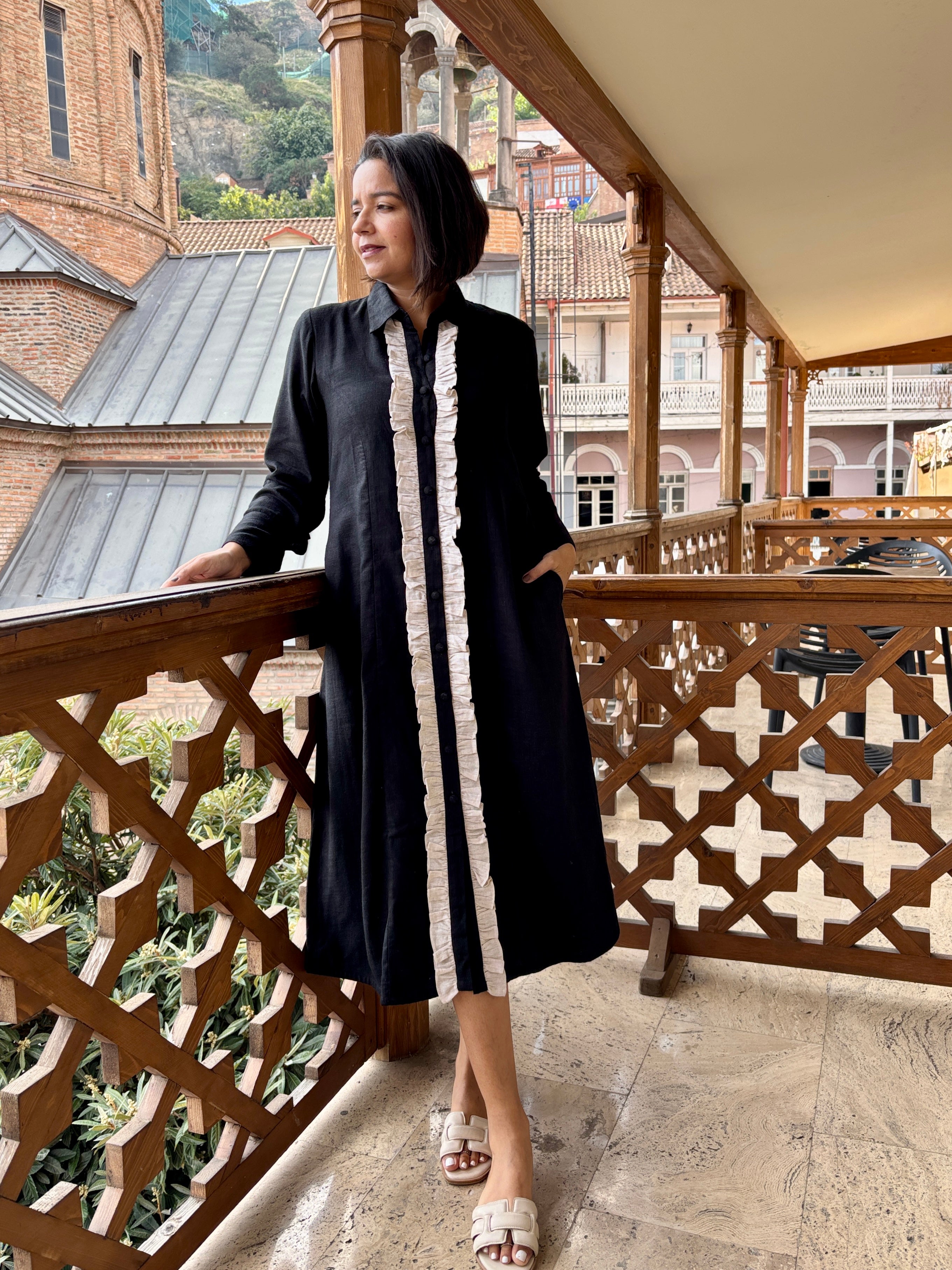 Black Cotton-Linen A-Line Shirt Dress