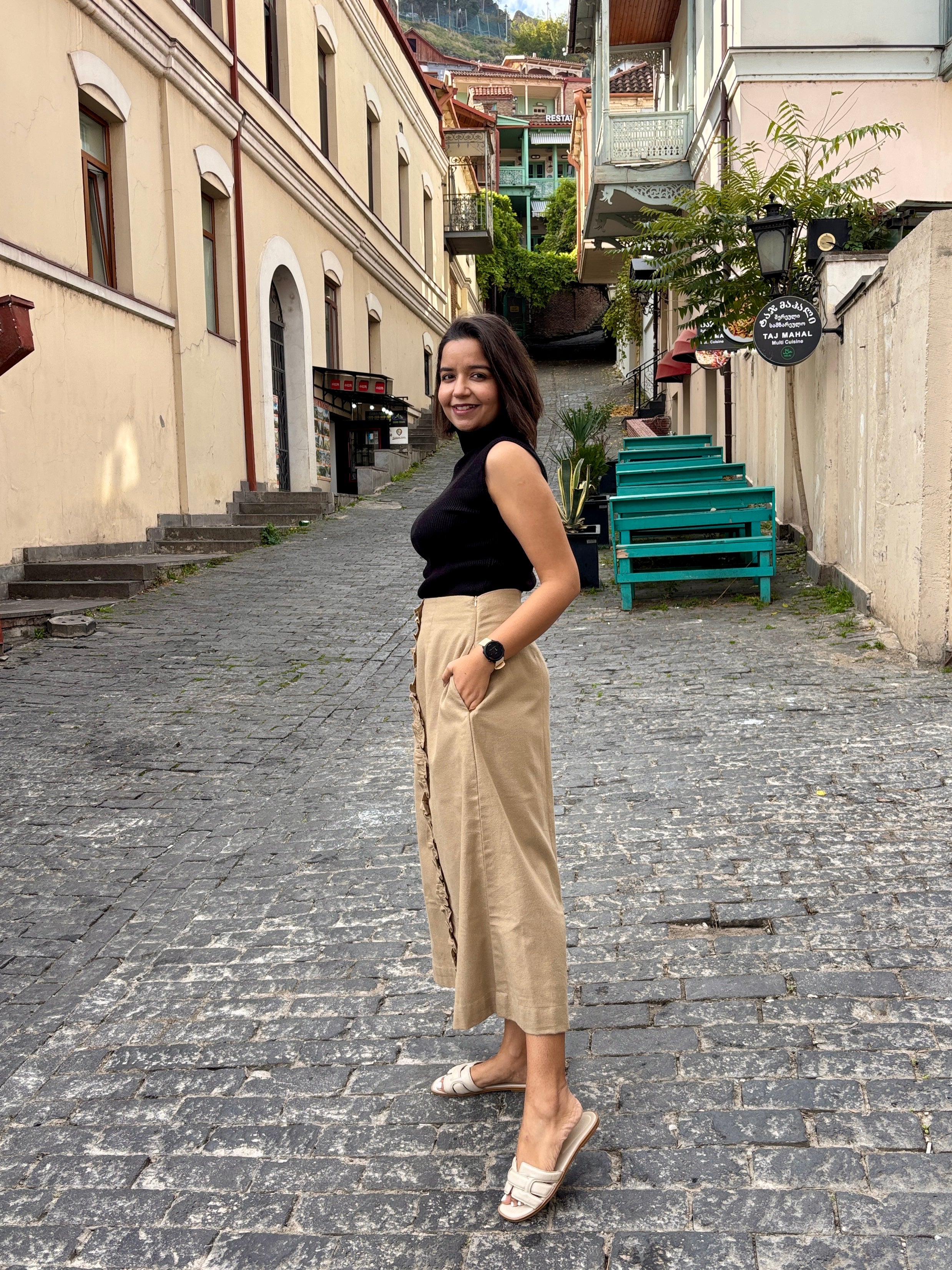Beige Flannel Midi Skirt with Ruffle Detail