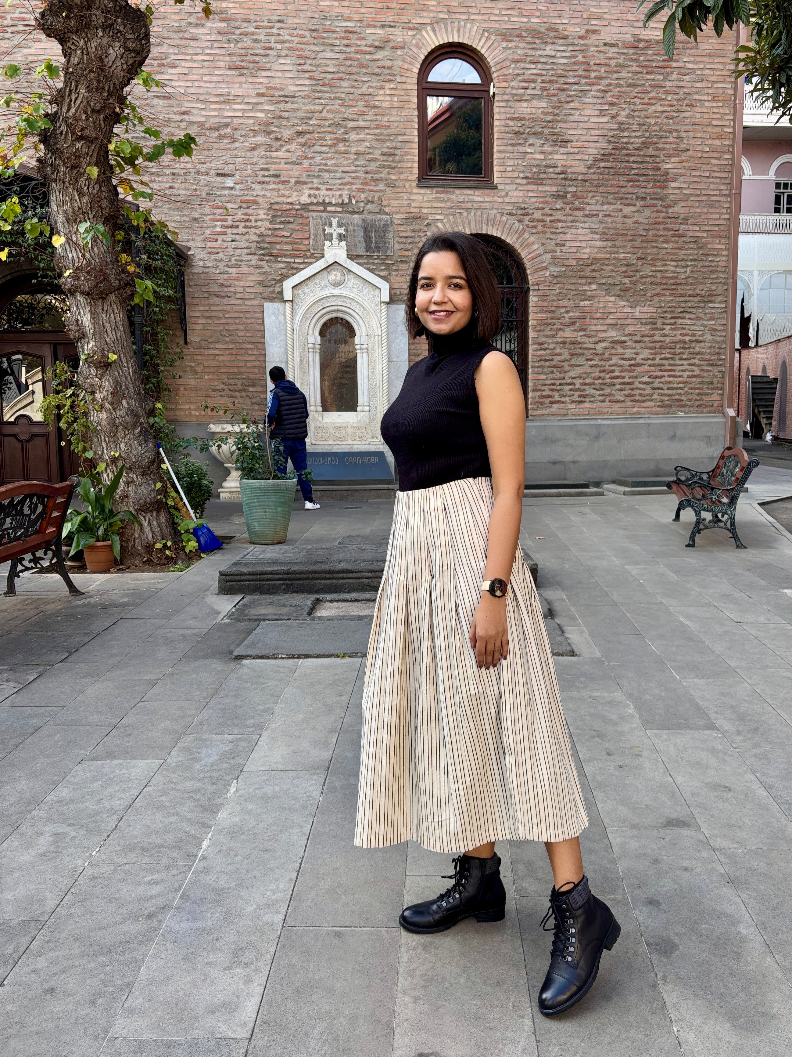 Striped Cotton Pintuck Midi Skirt