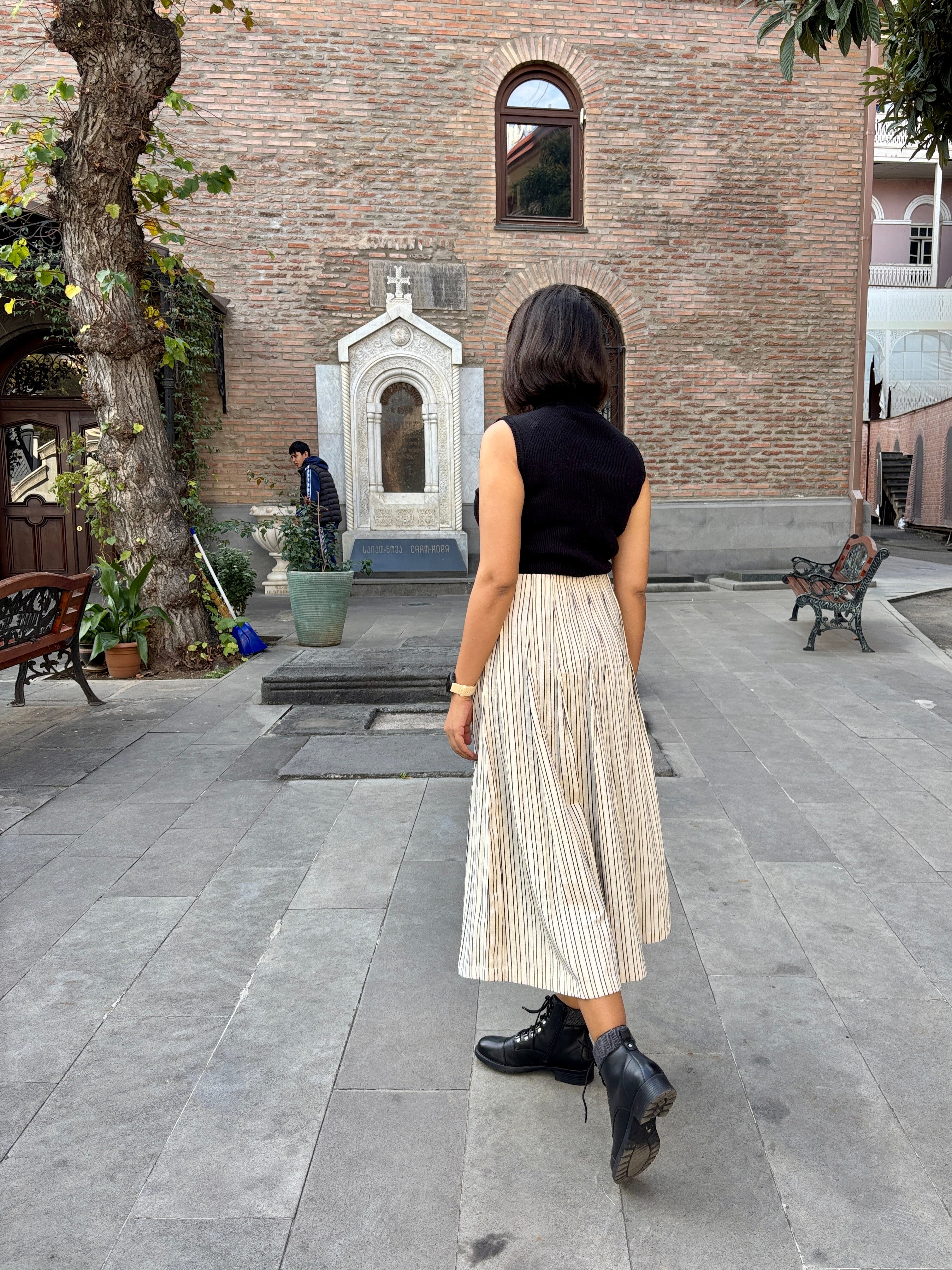 Striped Cotton Pintuck Midi Skirt