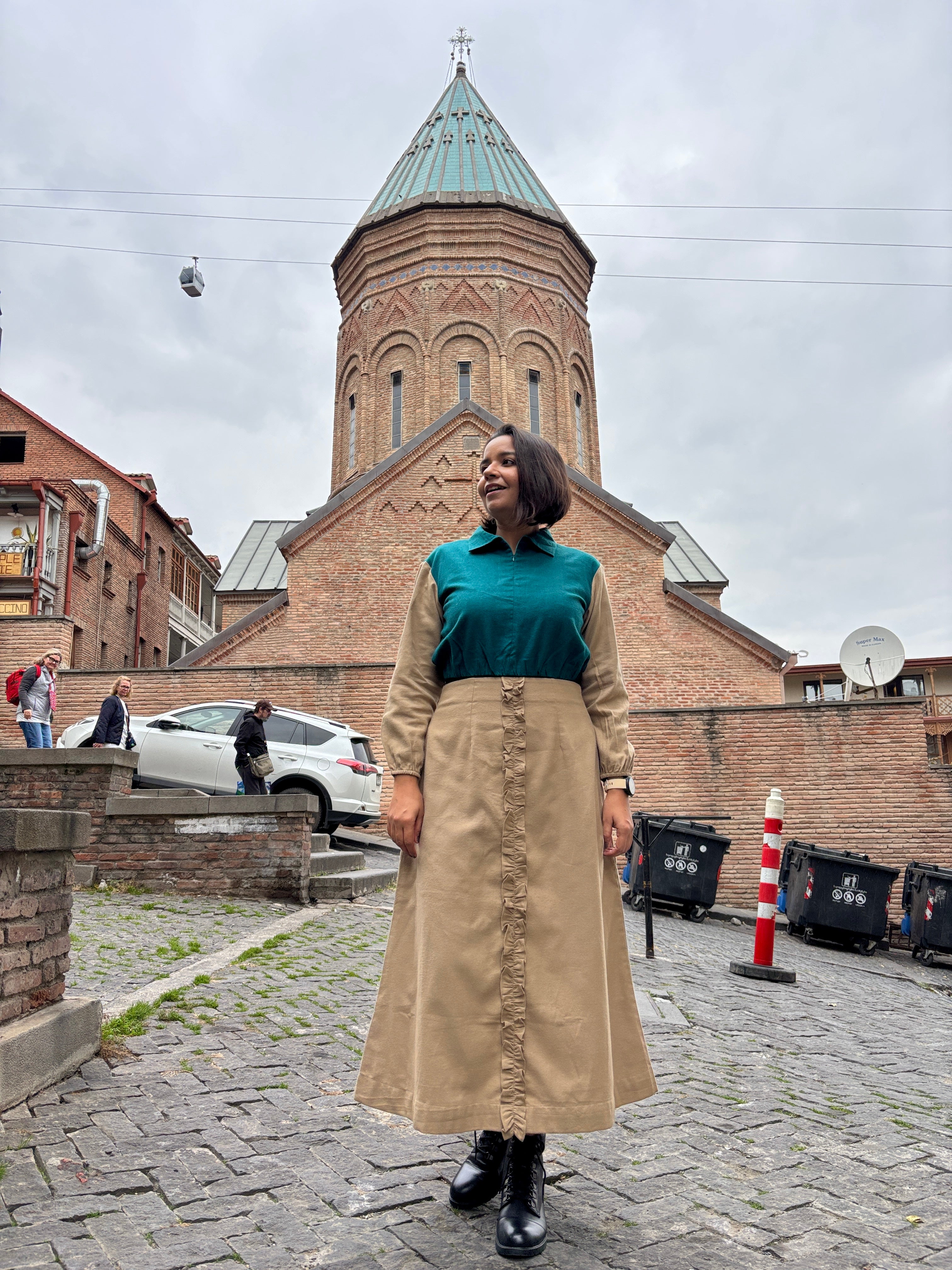 Beige Flannel Midi Skirt with Ruffle Detail