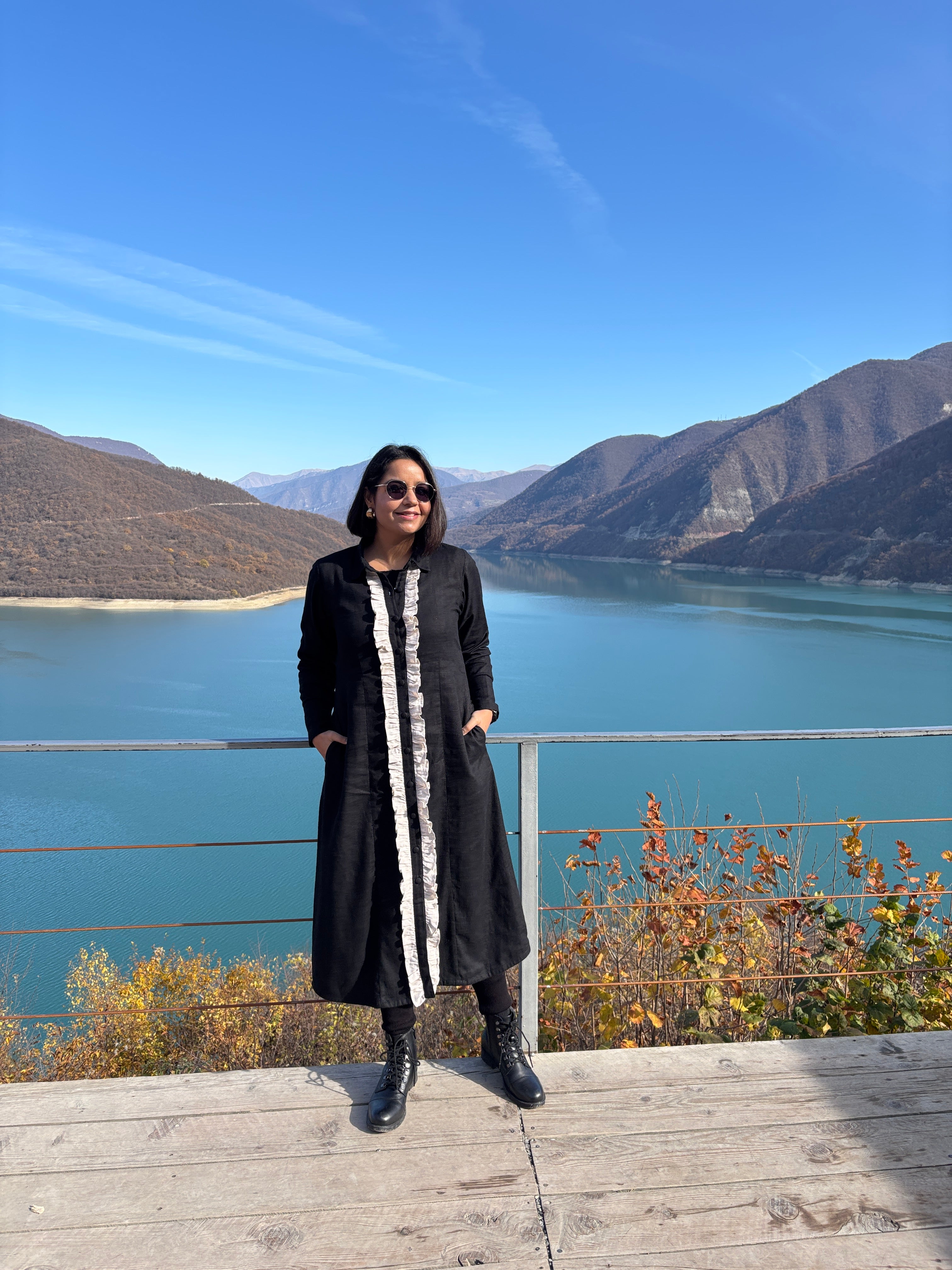 Black Cotton-Linen A-Line Shirt Dress