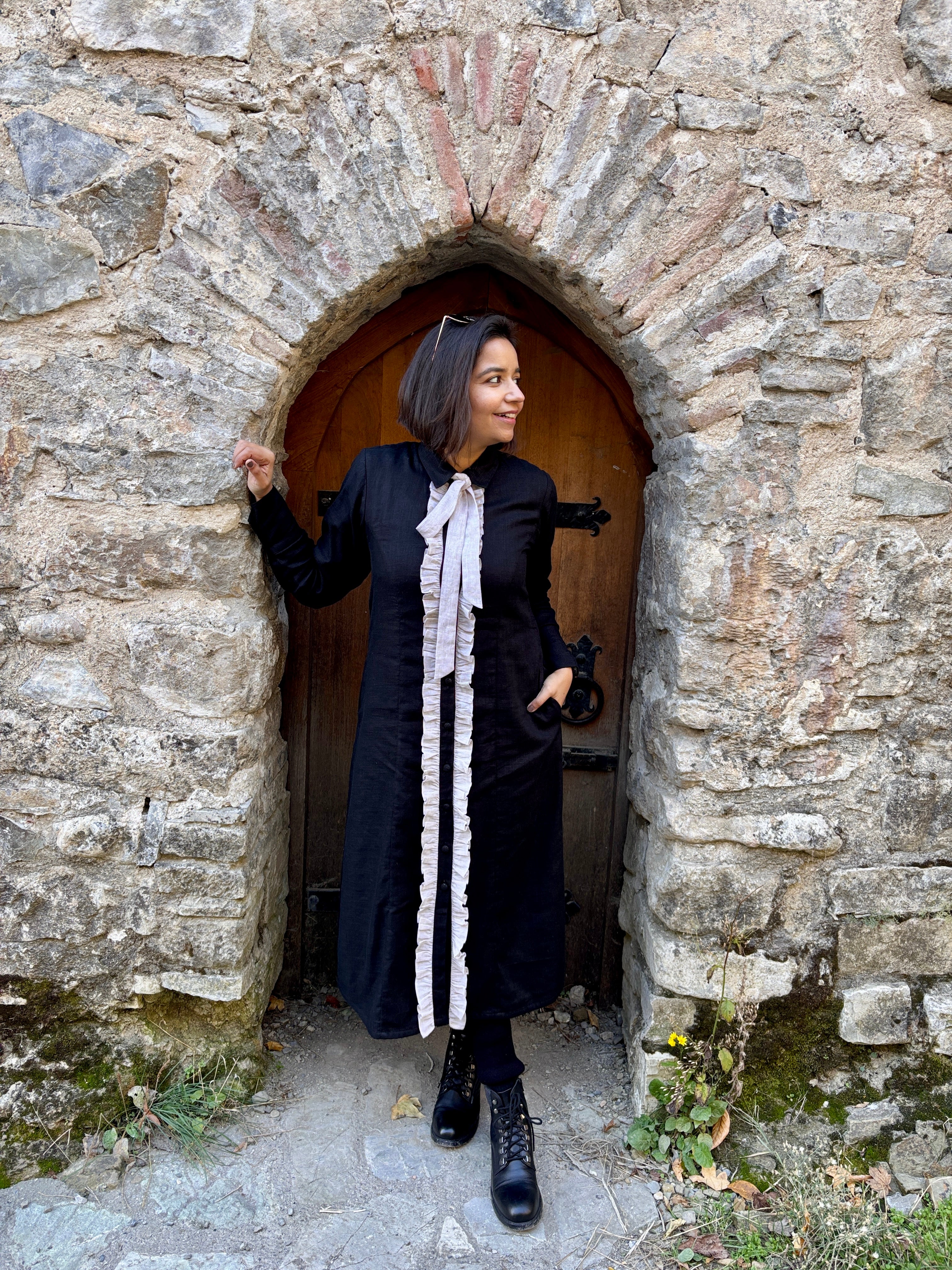 Black Cotton-Linen A-Line Shirt Dress