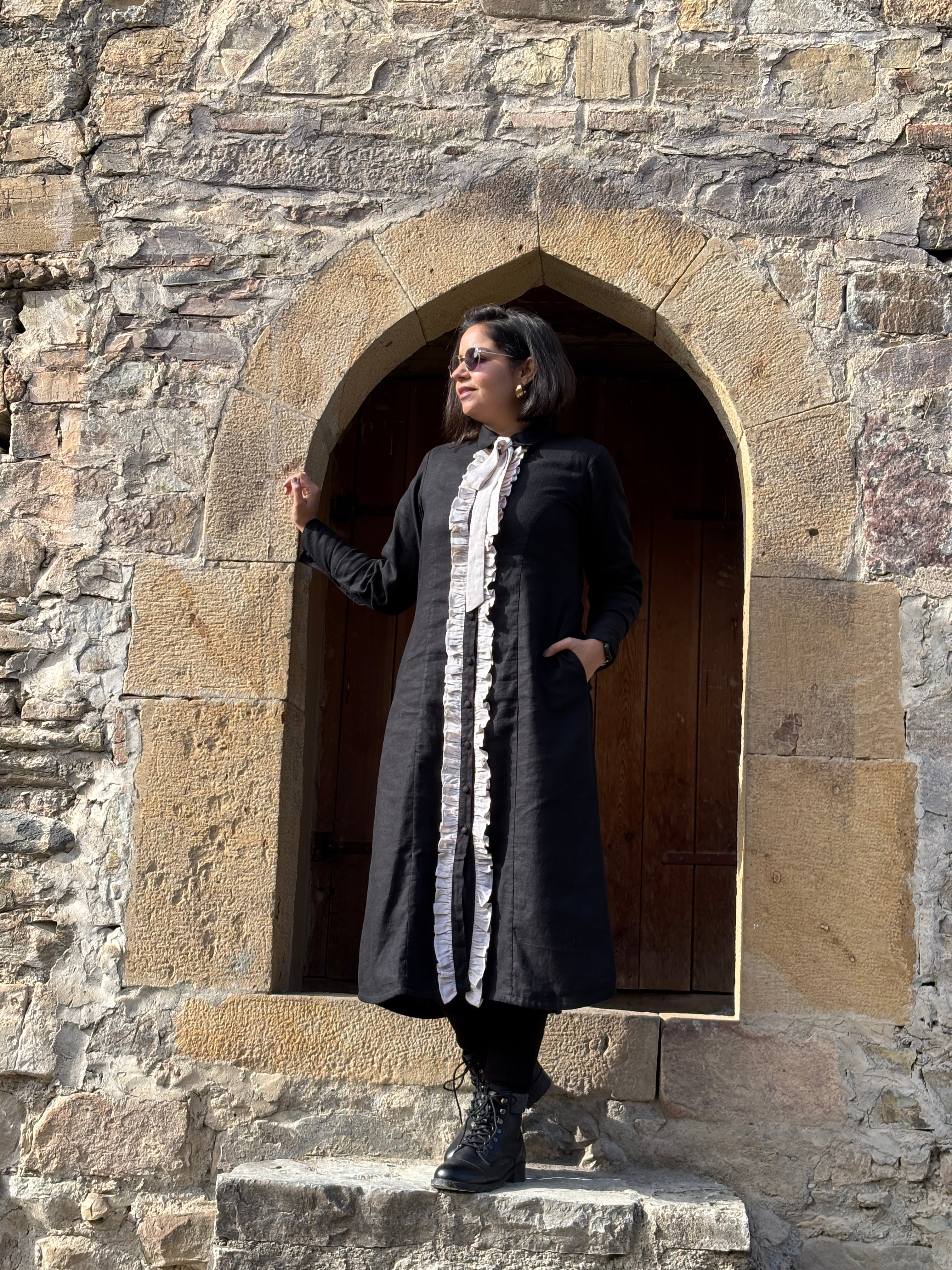 Black Cotton-Linen A-Line Shirt Dress