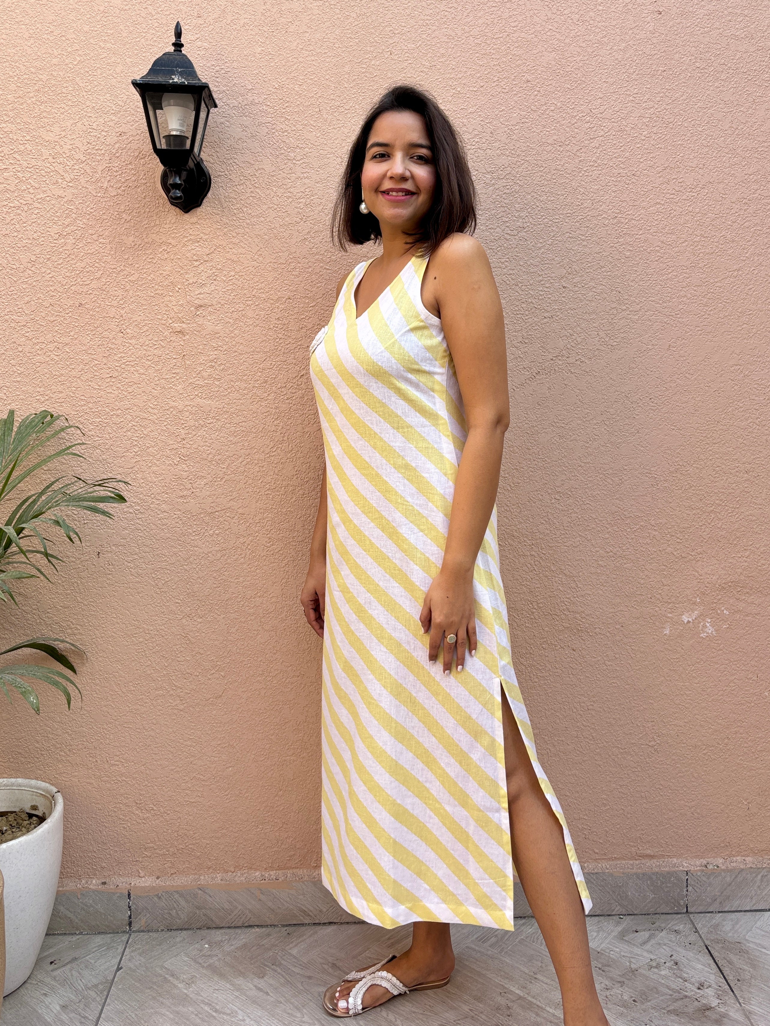 Lemon Stripe Cotton-Linen Midi Dress