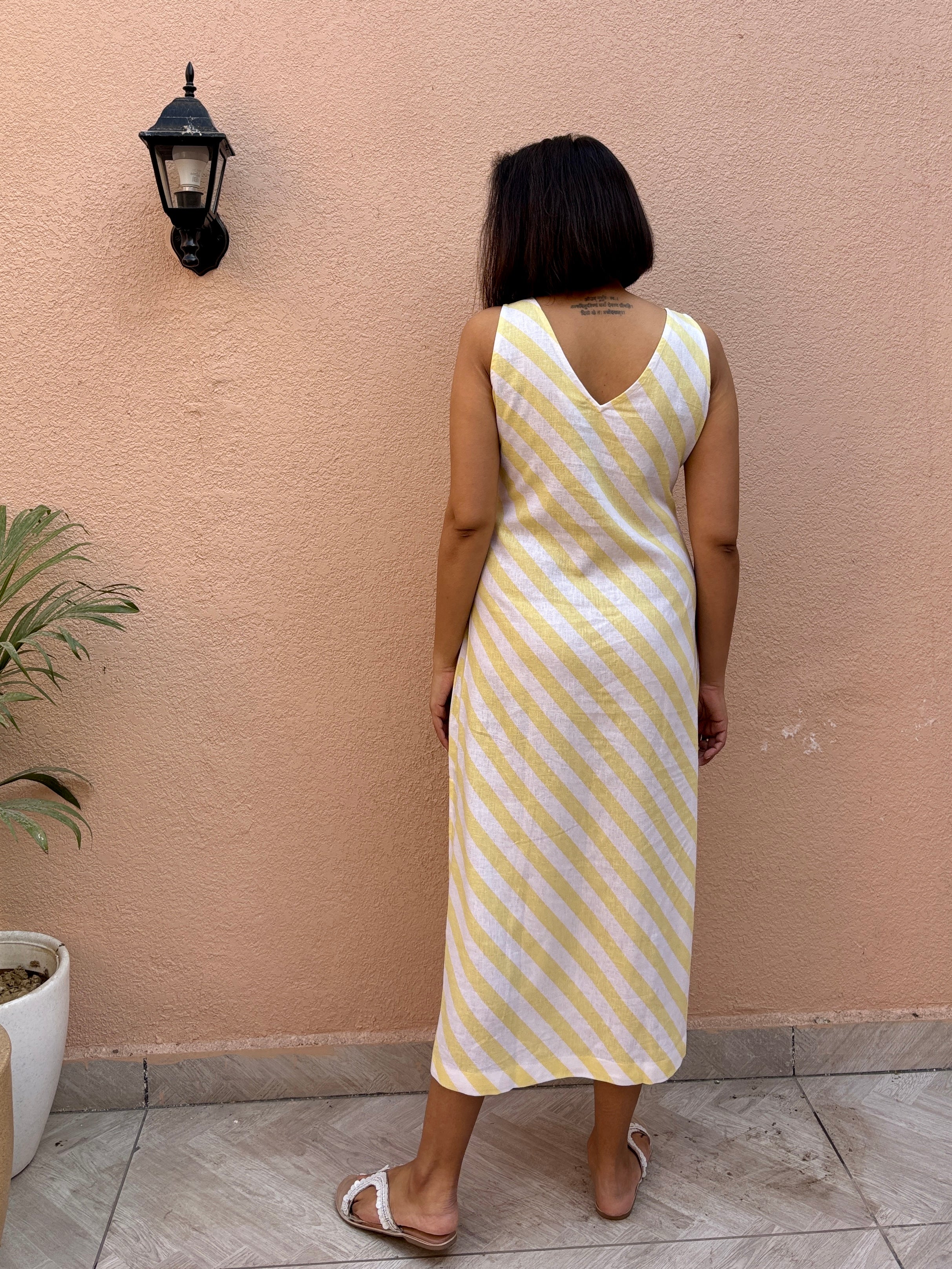 Lemon Stripe Cotton-Linen Midi Dress