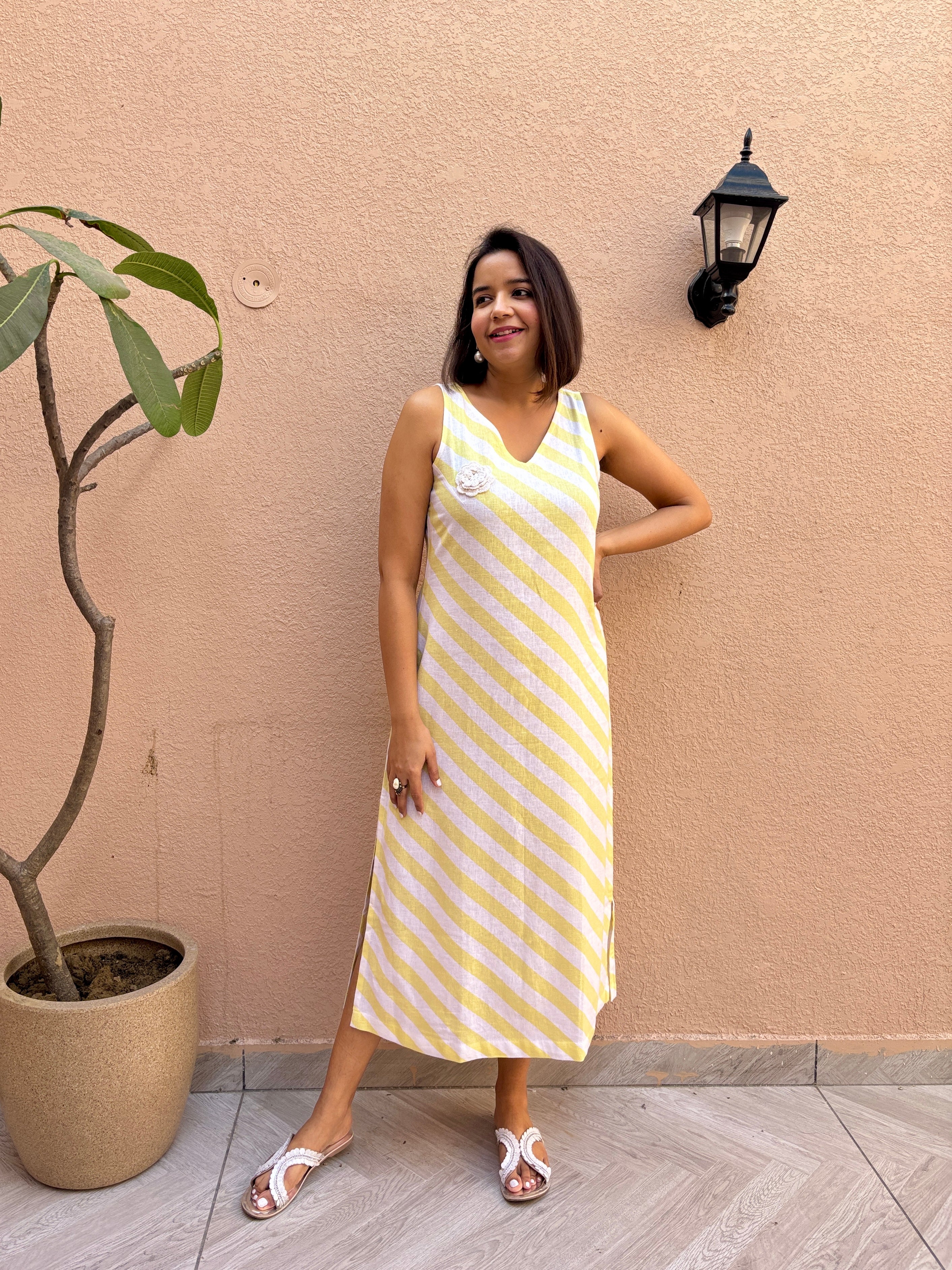 Lemon Stripe Cotton-Linen Midi Dress