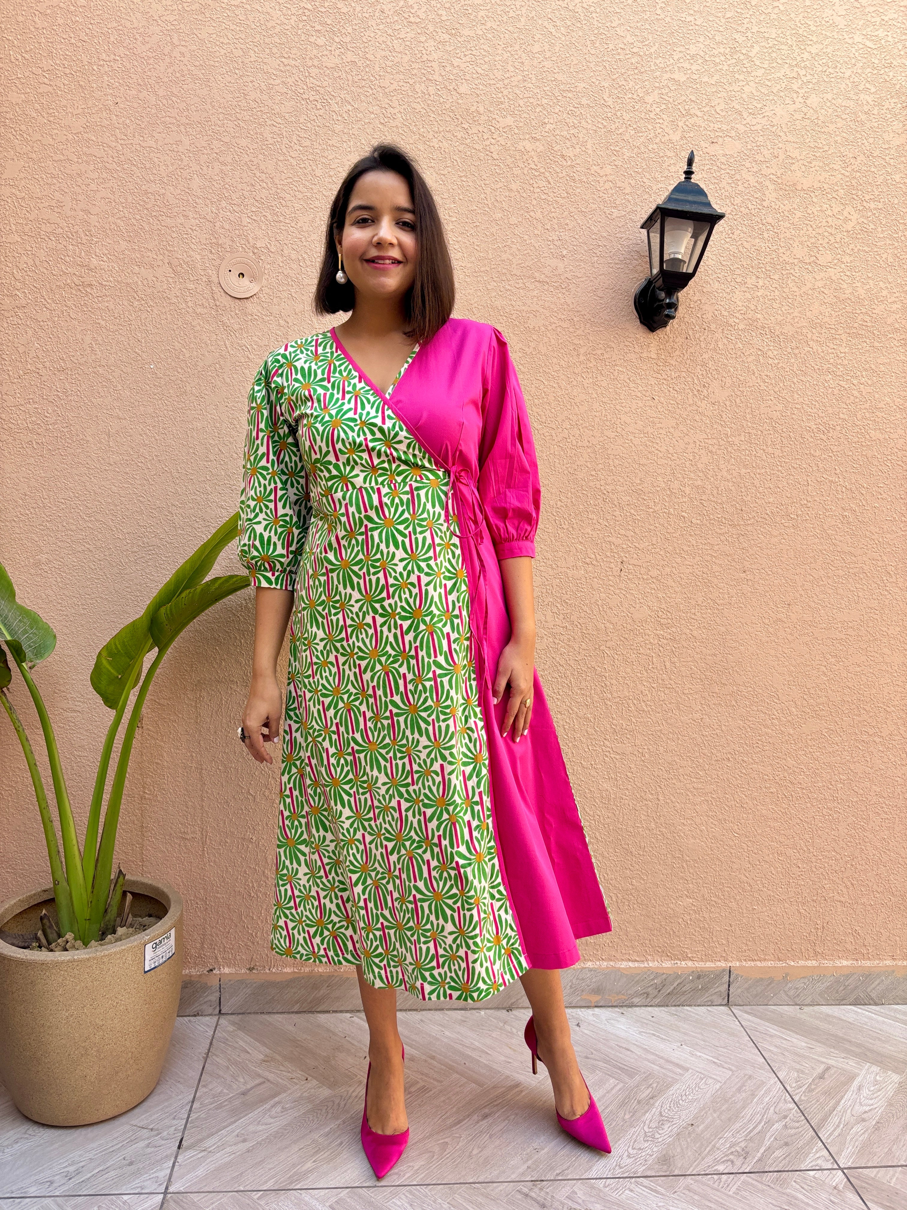 Fuchsia Wrap Cotton A-Line Midi Dress