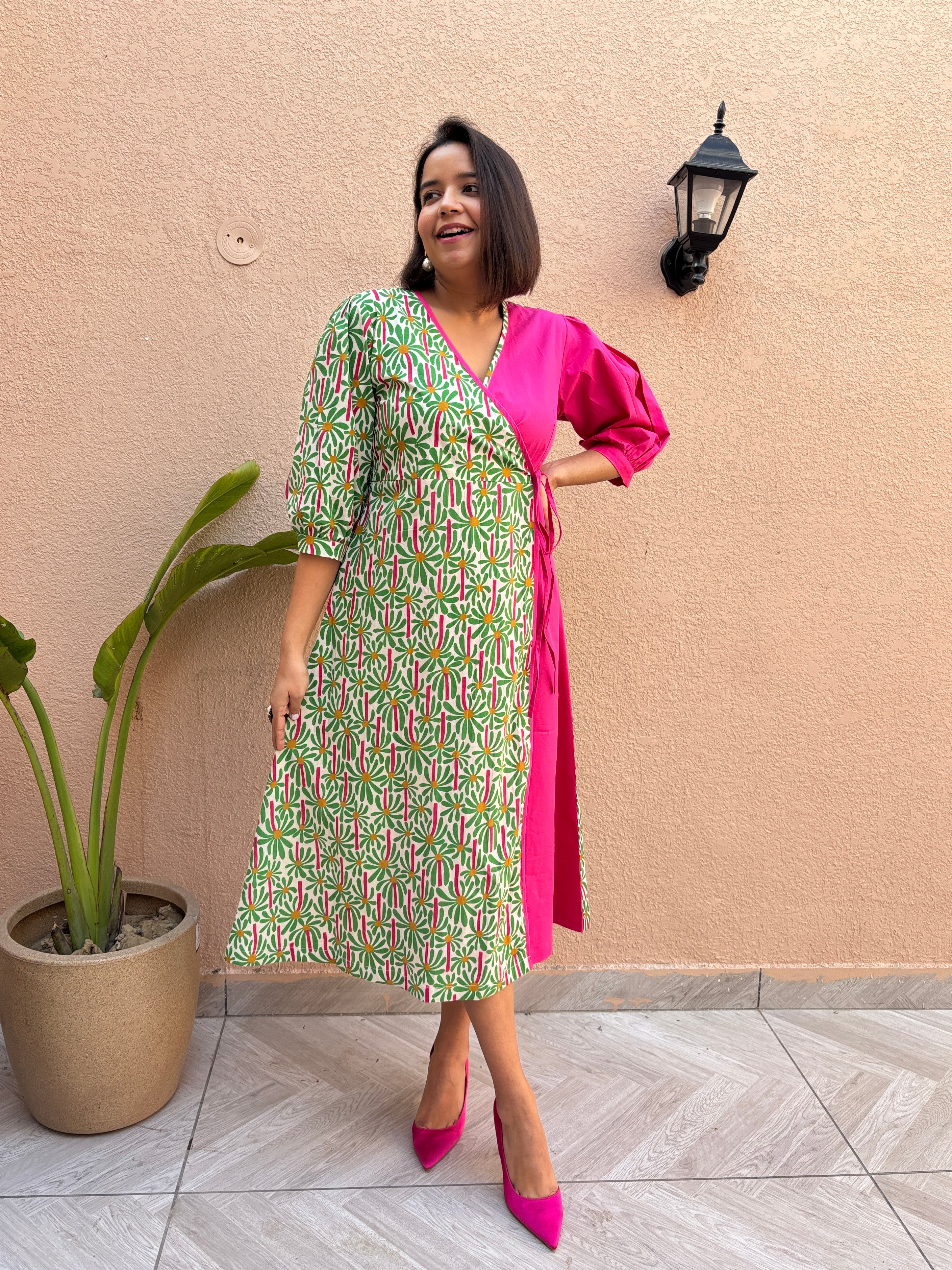 Fuchsia Wrap Cotton A-Line Midi Dress