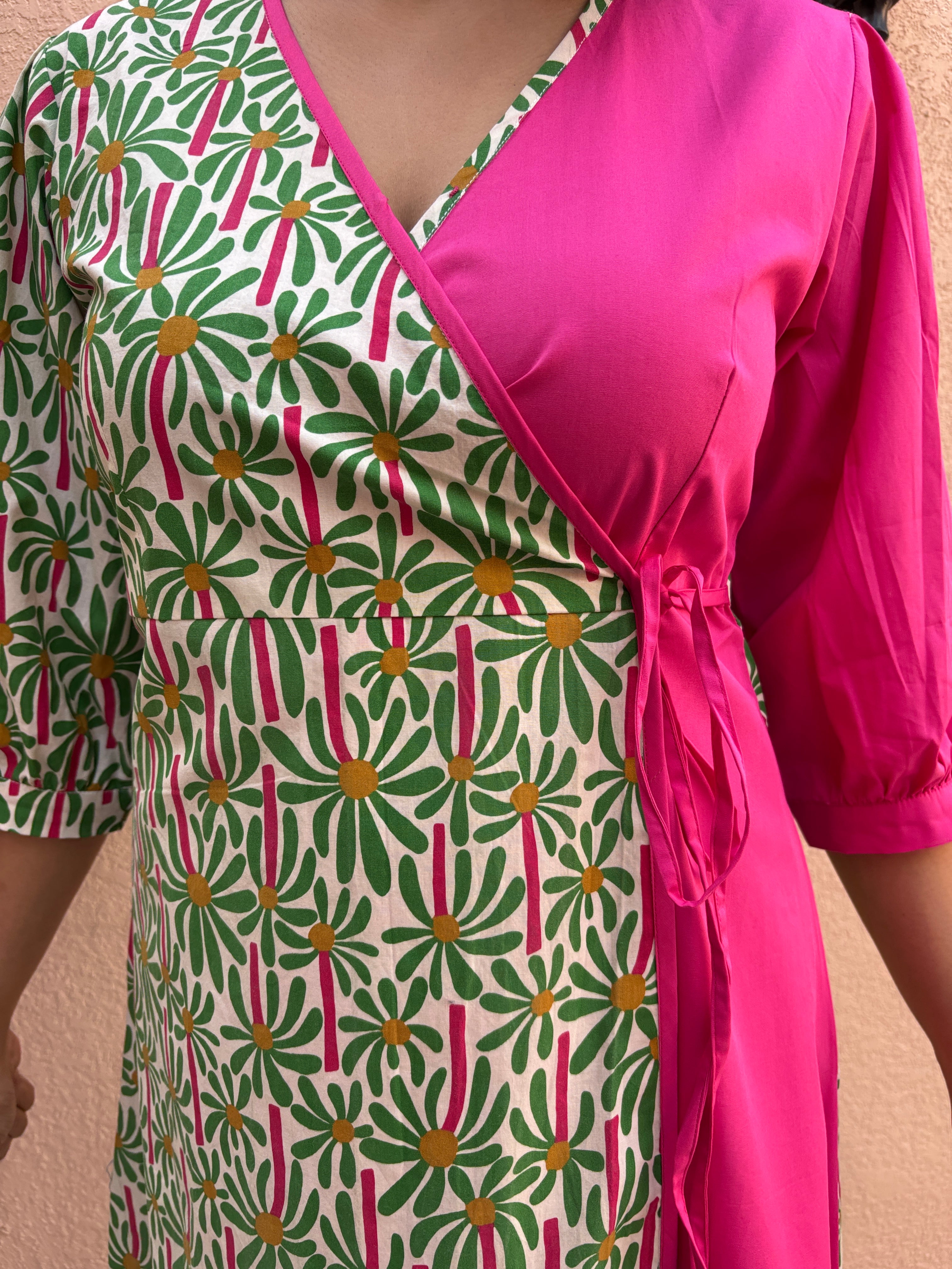 Fuchsia Wrap Cotton A-Line Midi Dress