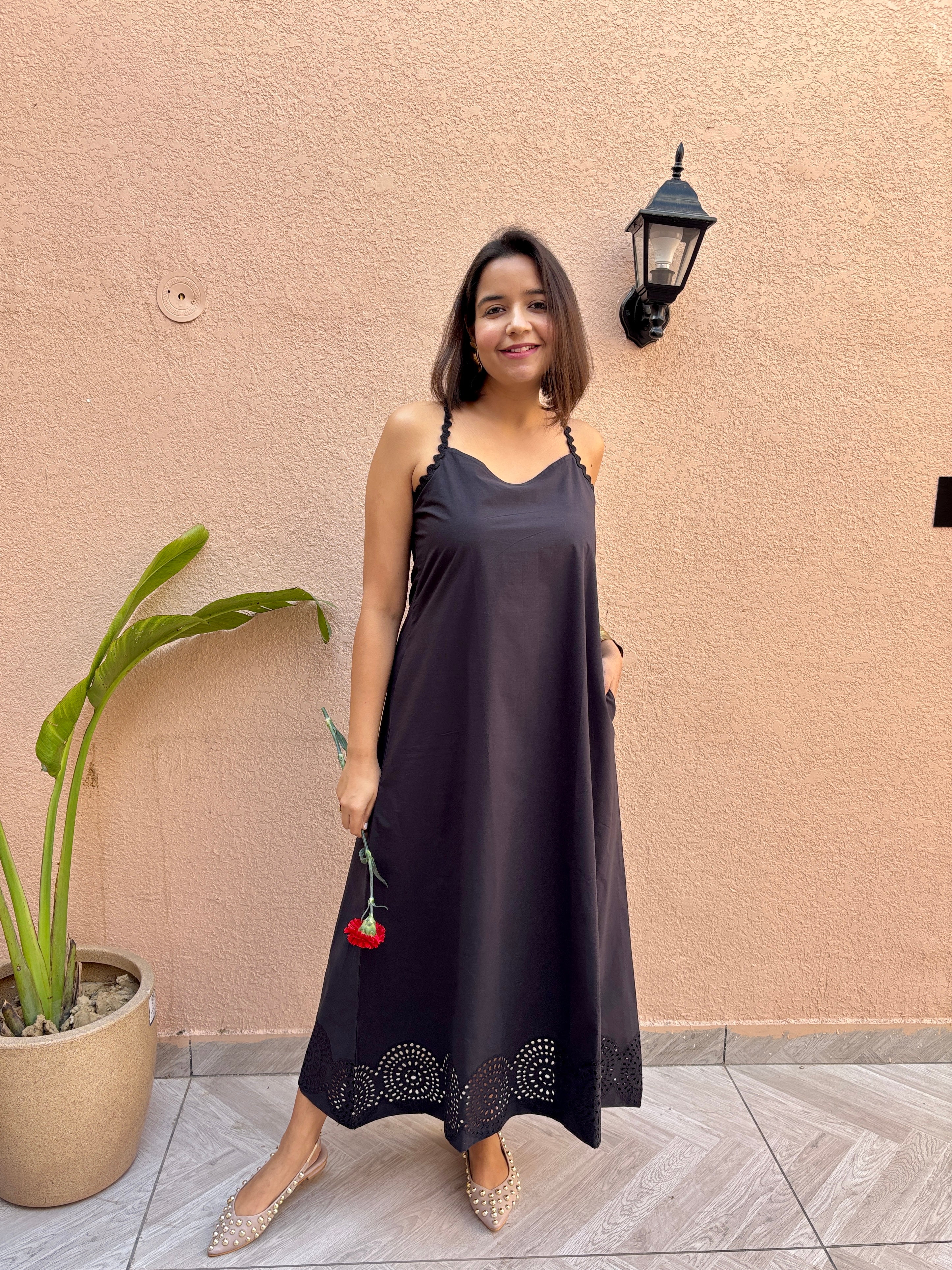 Black Cotton Schiffli Maxi Dress