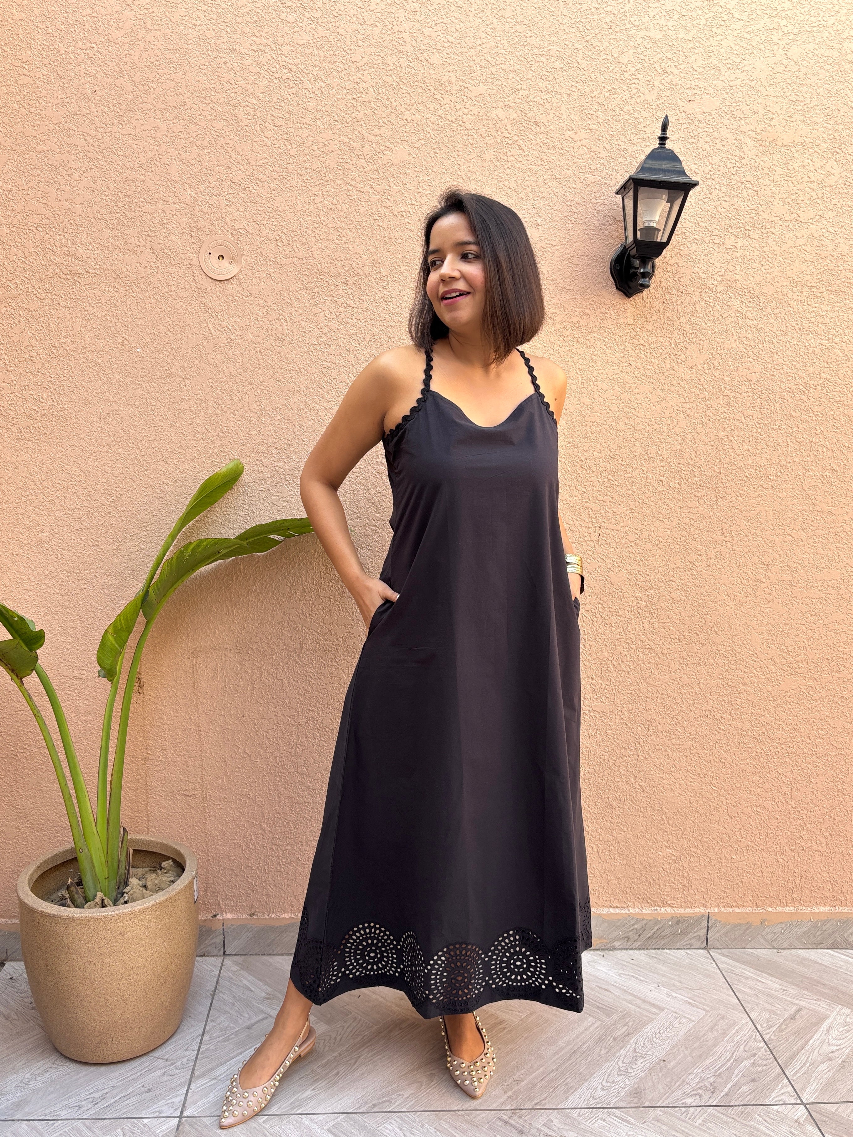Black Cotton Schiffli Maxi Dress