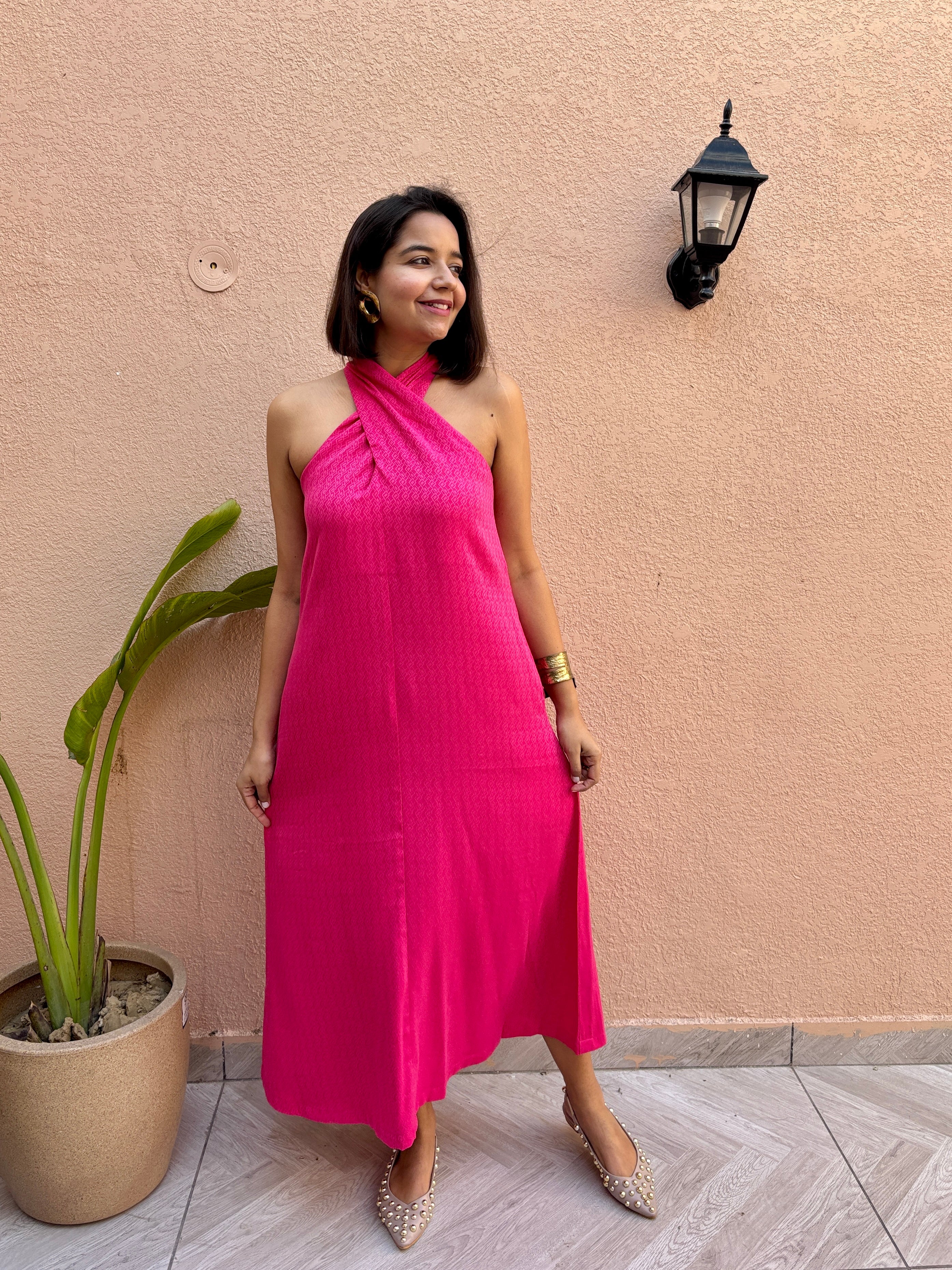 Hot Pink Twisted Halter Maxi Dress