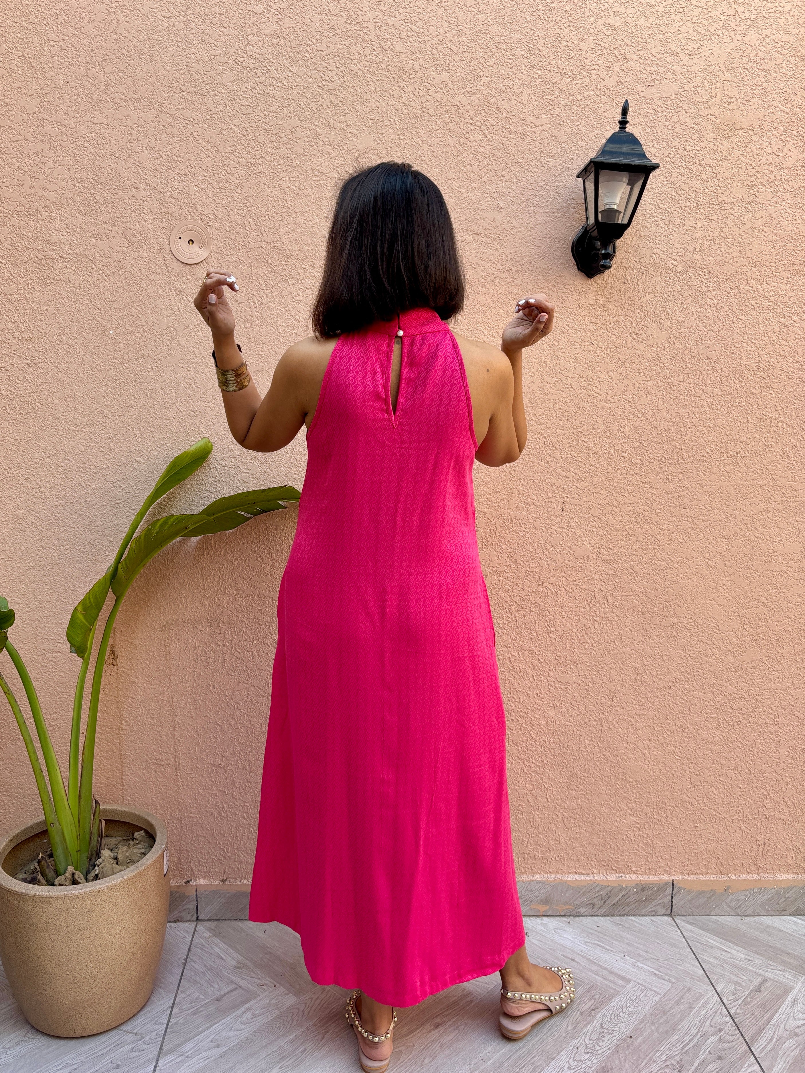 Hot Pink Twisted Halter Maxi Dress