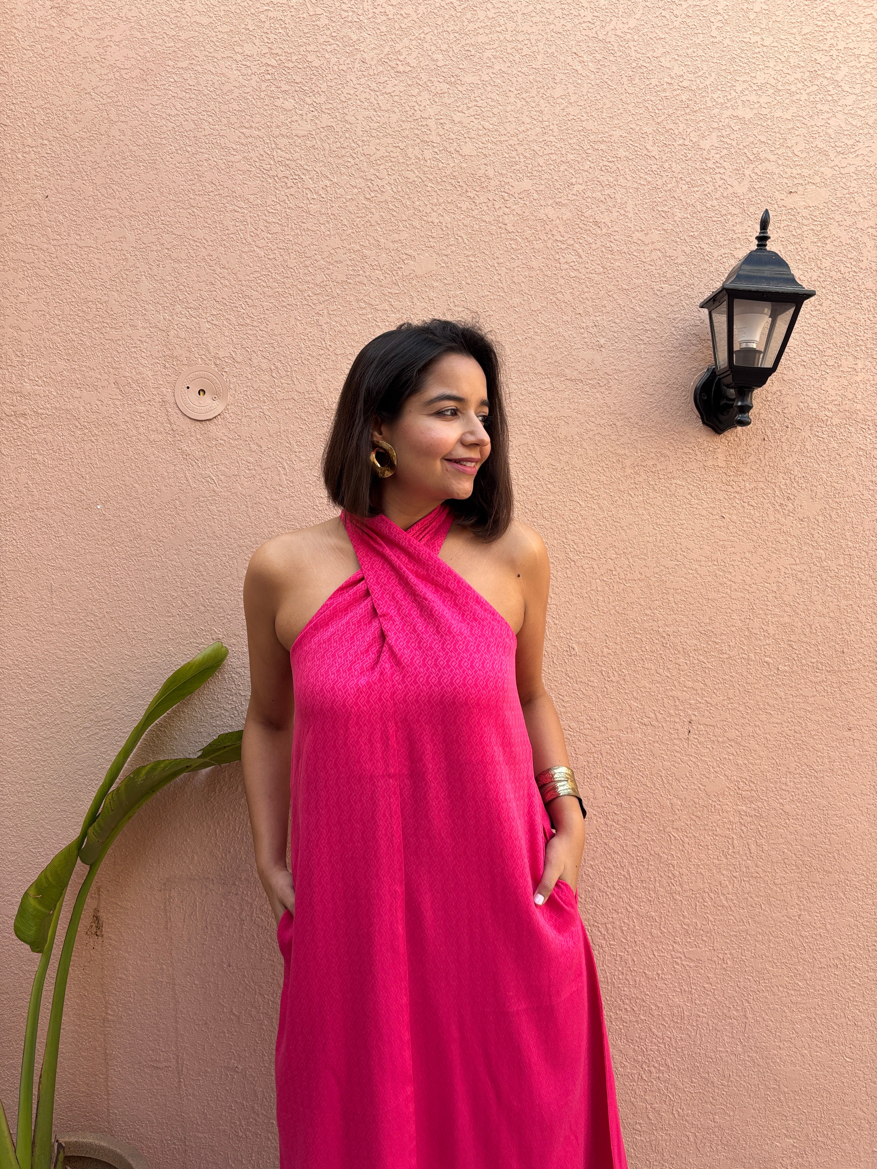 Hot Pink Twisted Halter Maxi Dress