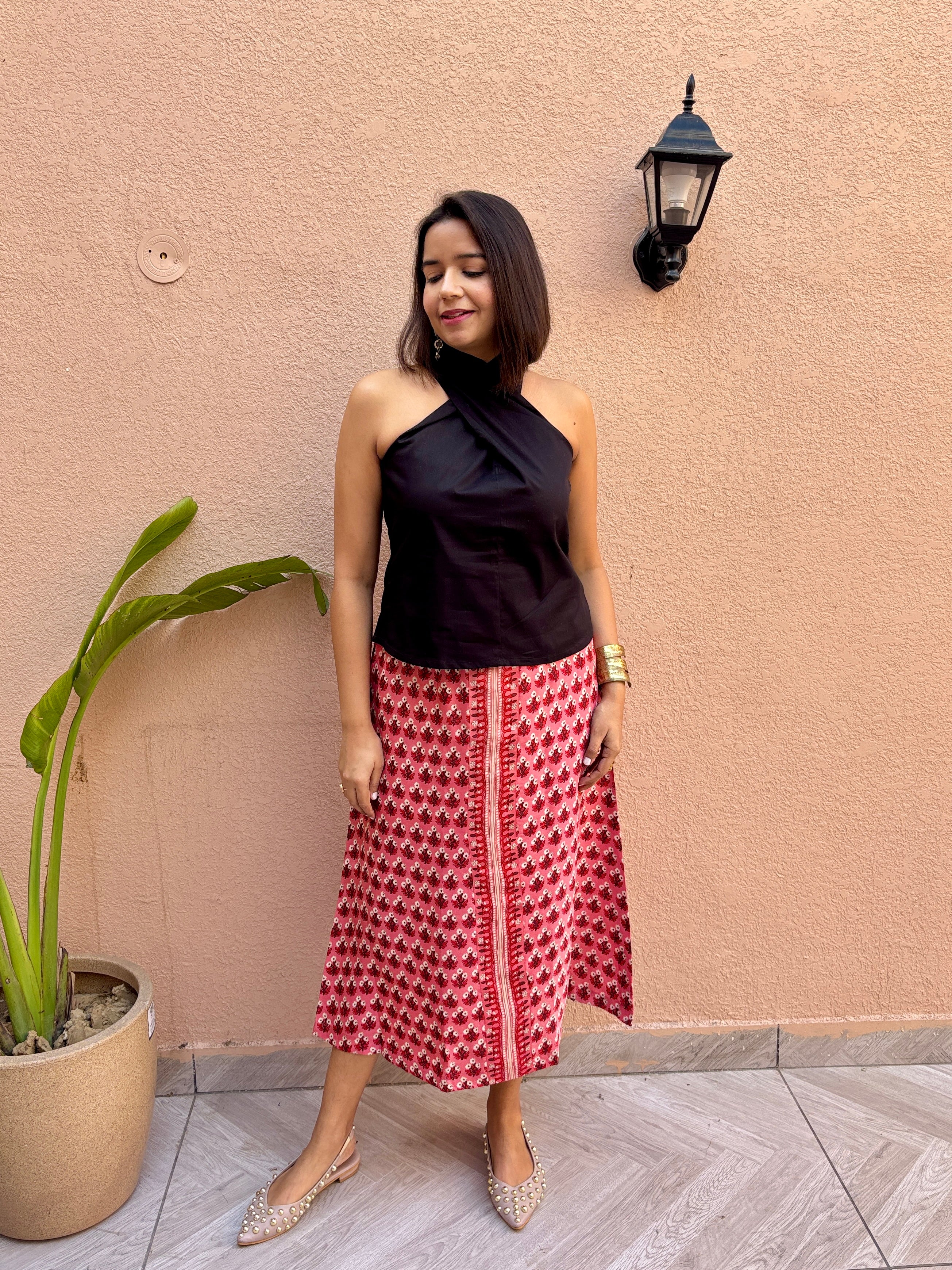 Red Ditsy Floral A-Line Skirt with Pockets