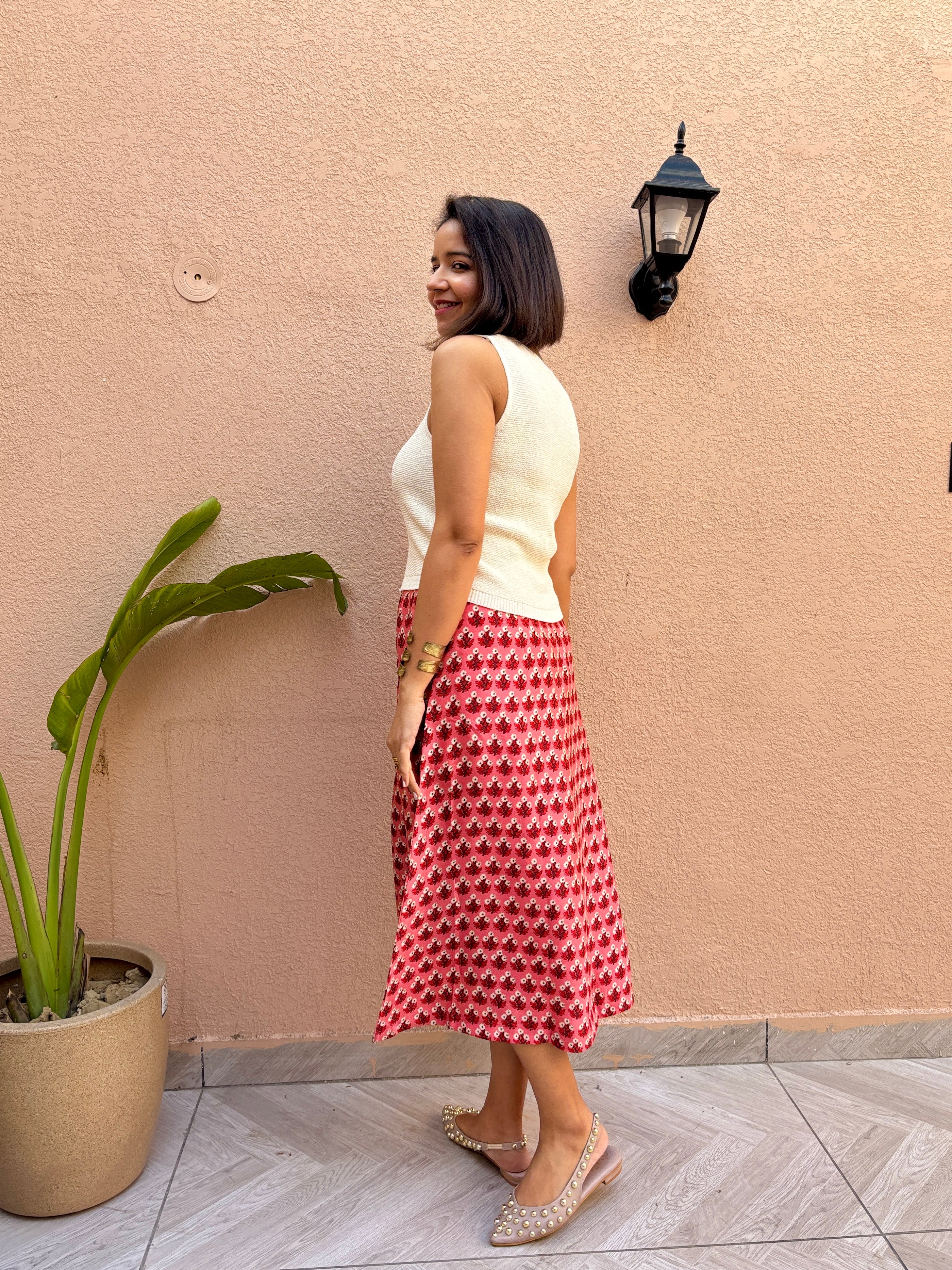 Red Ditsy Floral A-Line Skirt with Pockets