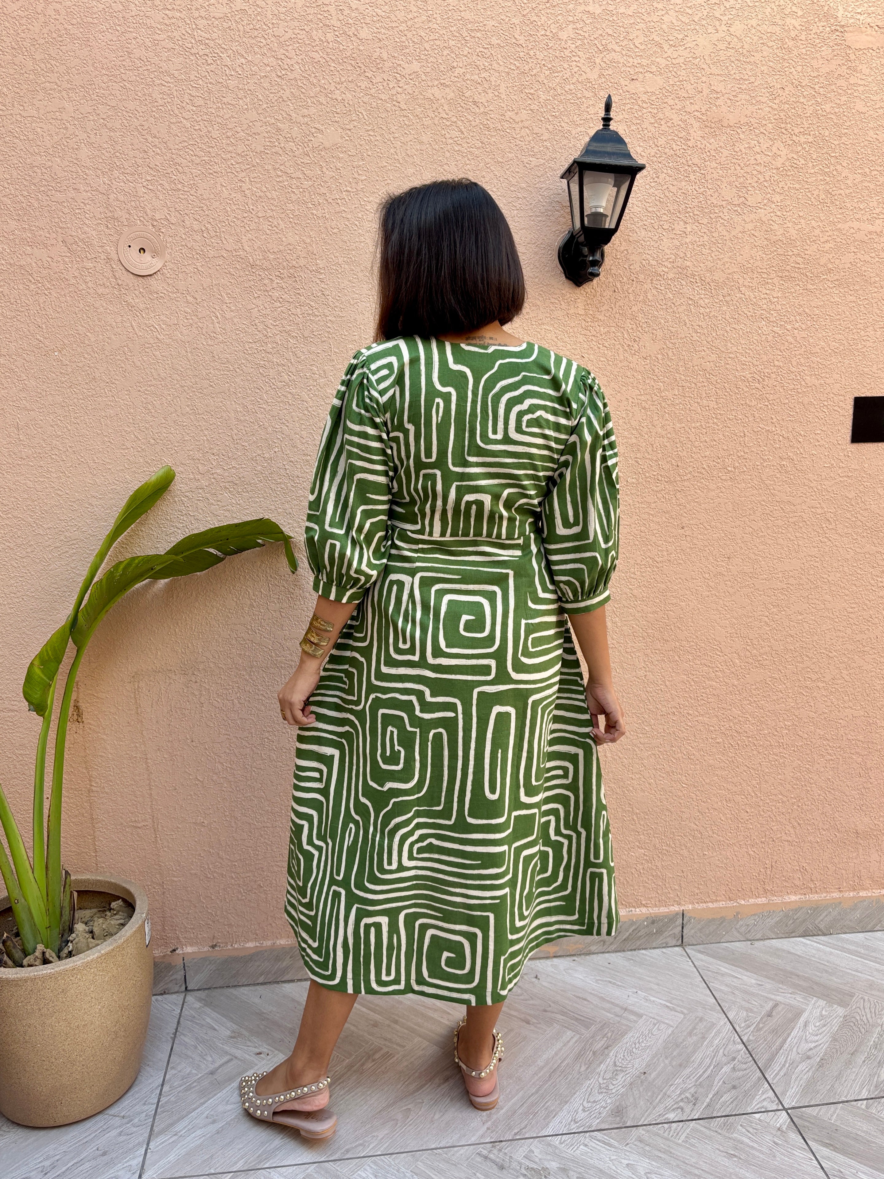 Olive Maze Appliqué Cotton-Linen A-Line Midi Dress