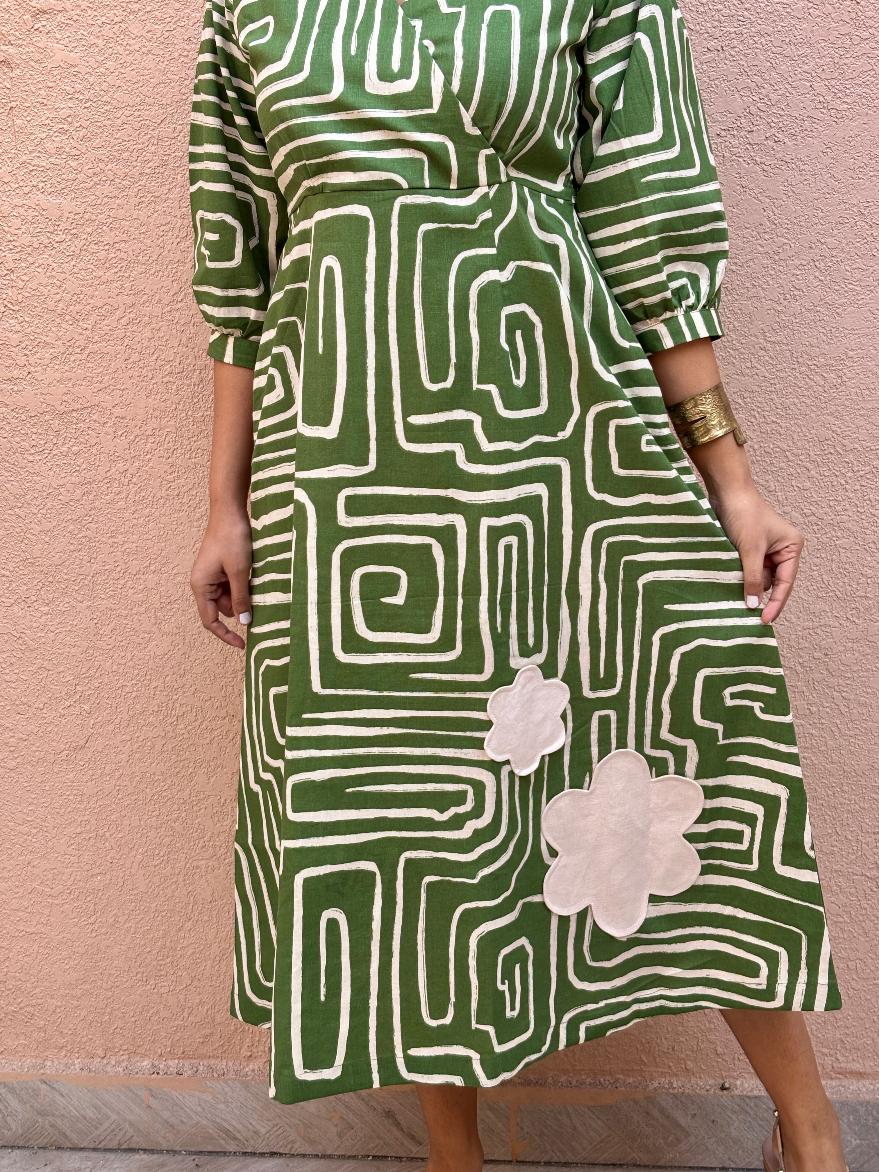 Olive Maze Appliqué Cotton-Linen A-Line Midi Dress