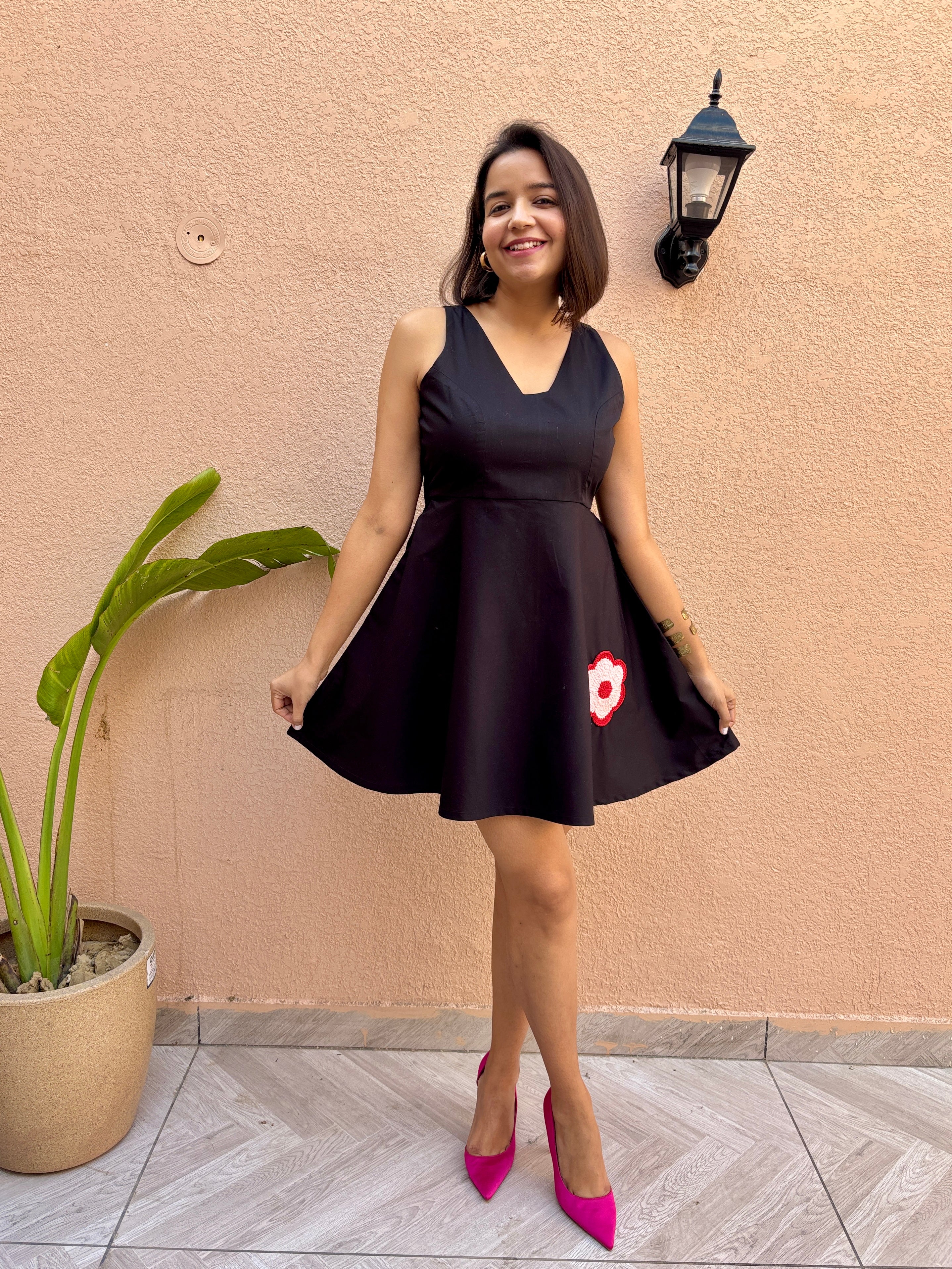 Black Cotton Skater Dress with Crochet Flower