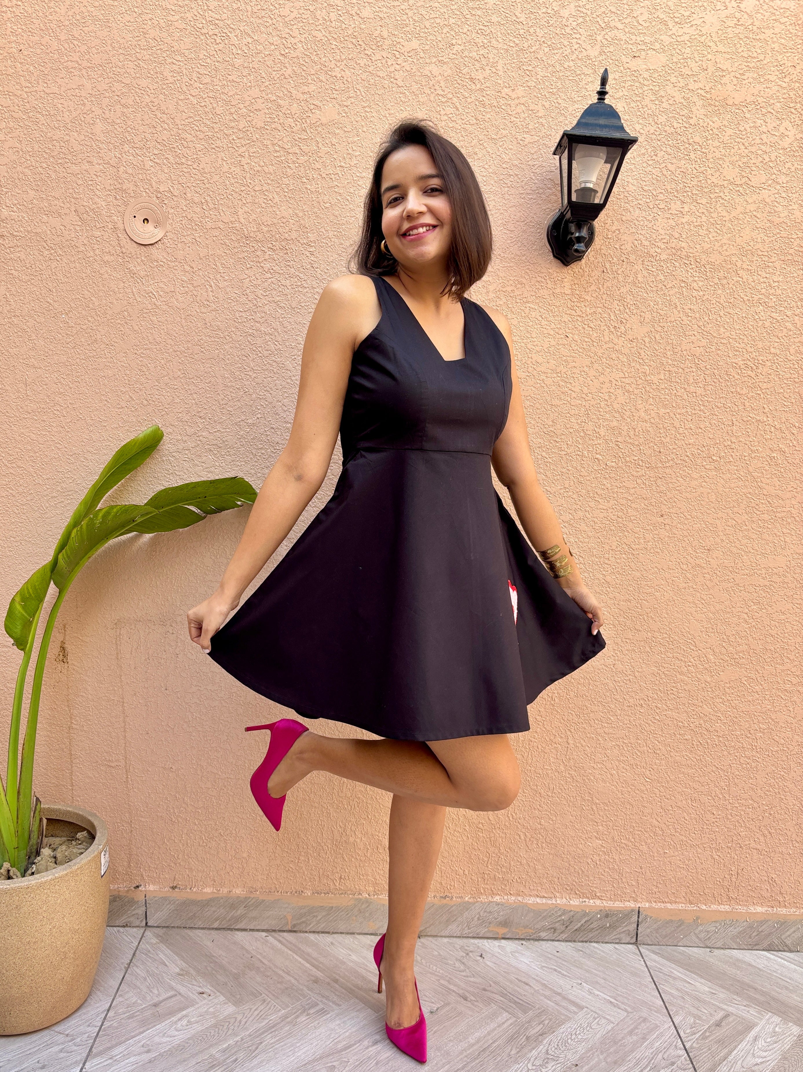 Black Cotton Skater Dress with Crochet Flower