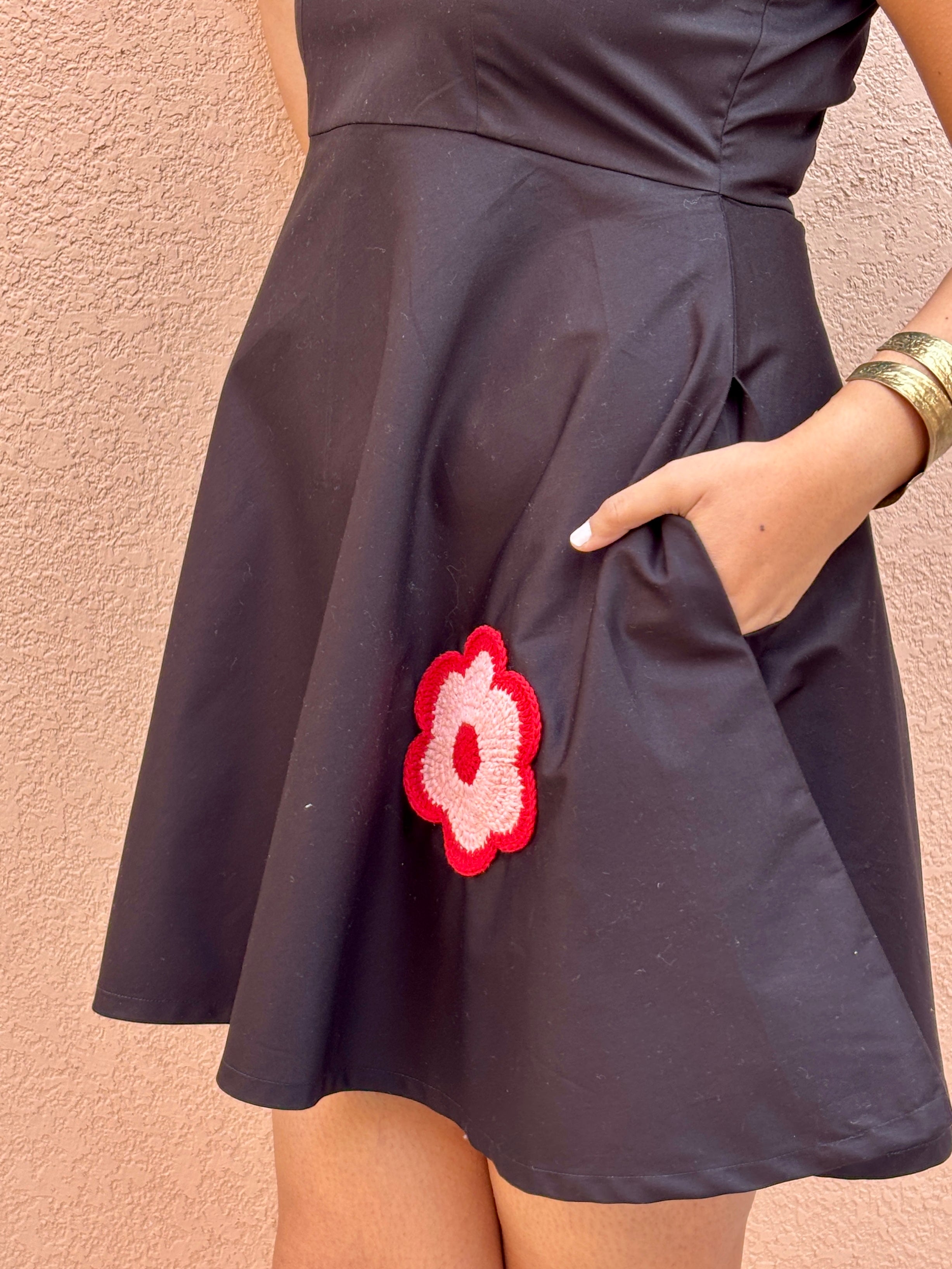 Black Cotton Skater Dress with Crochet Flower