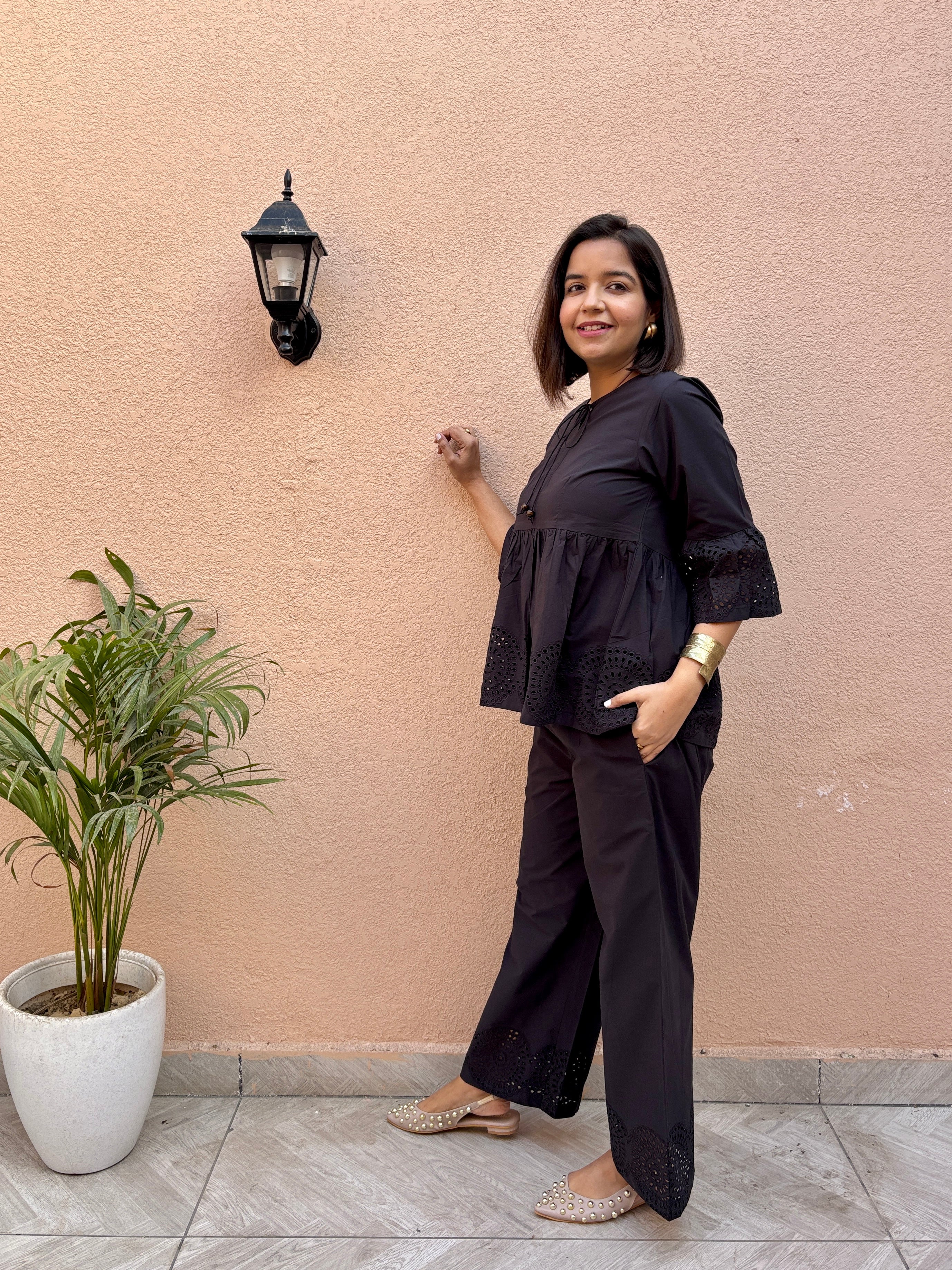 Black Cotton Schiffli Co-ord Set