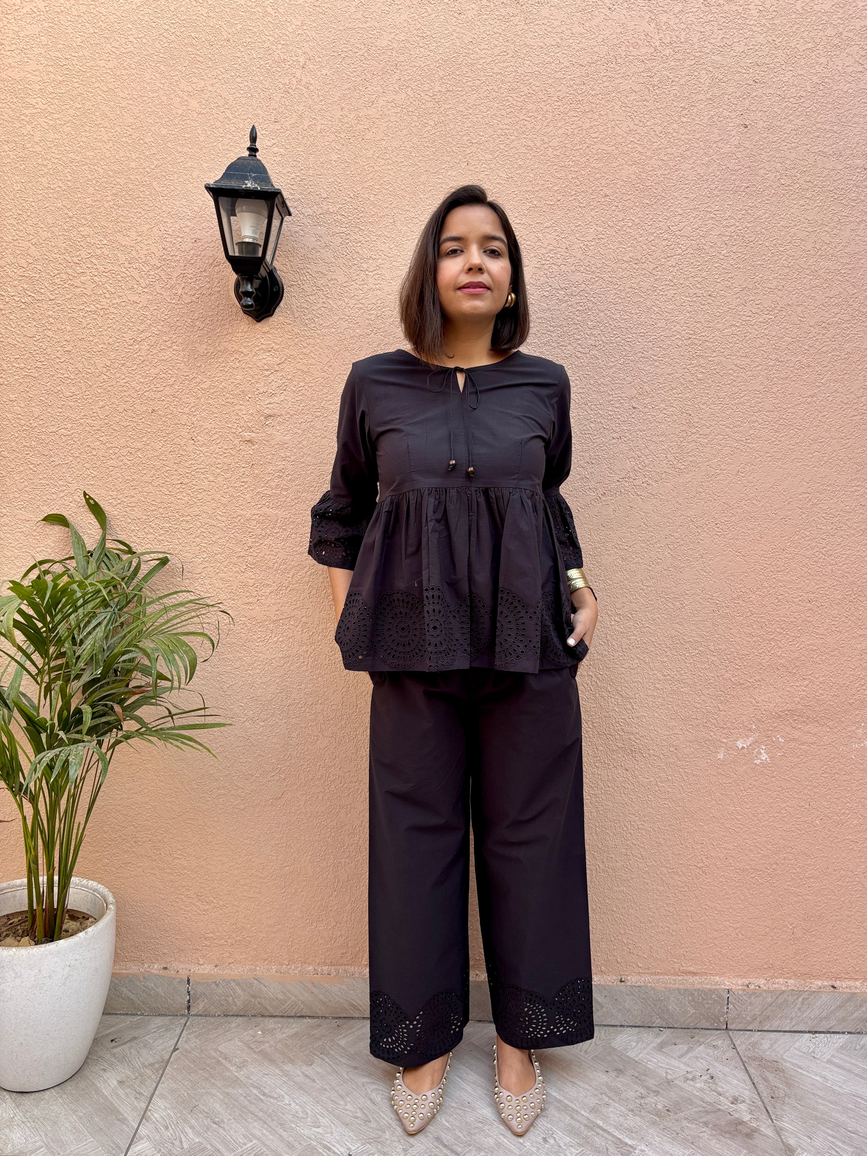 Black Cotton Schiffli Co-ord Set
