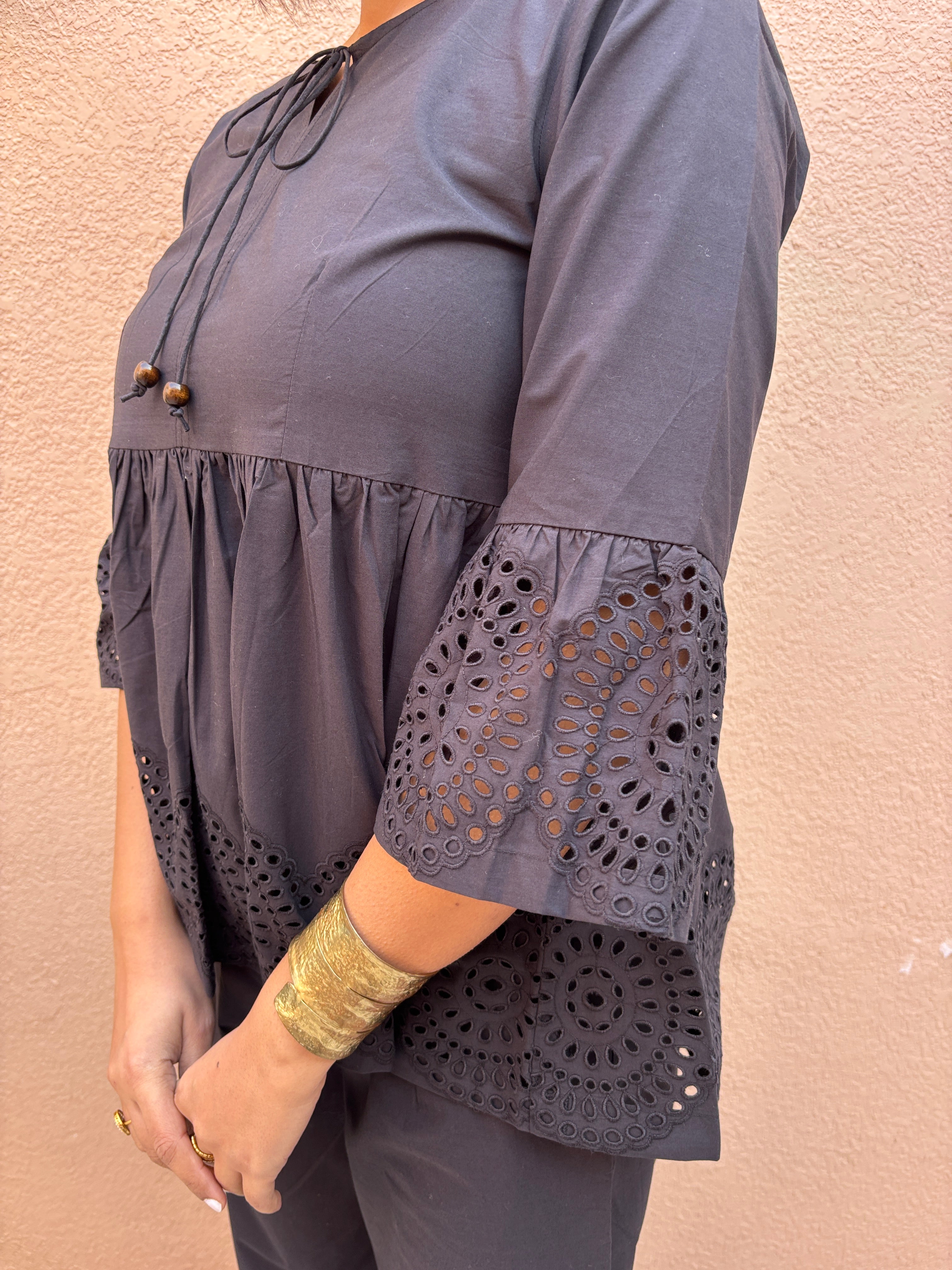 Black Cotton Schiffli Co-ord Set