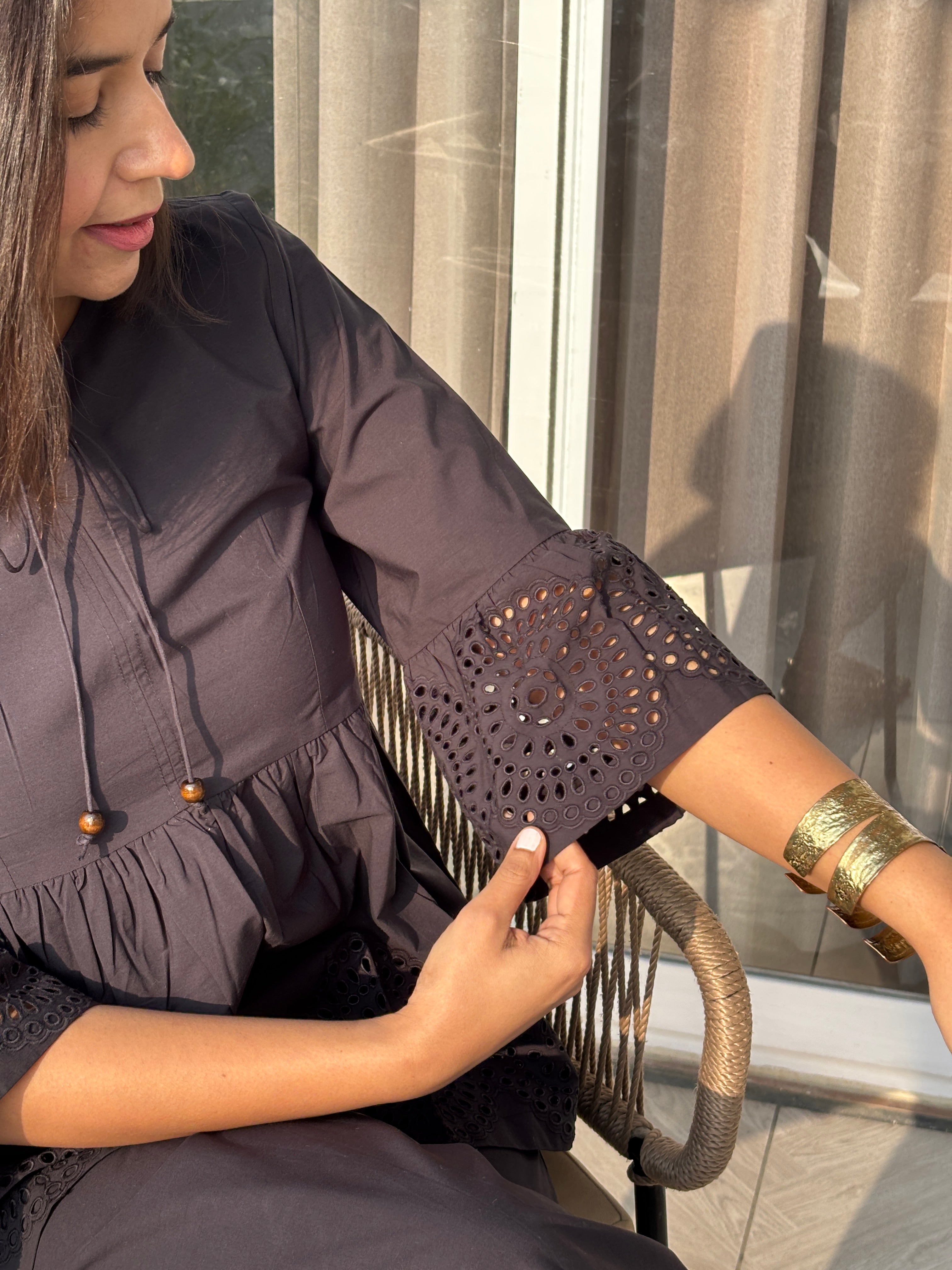 Black Cotton Schiffli Co-ord Set